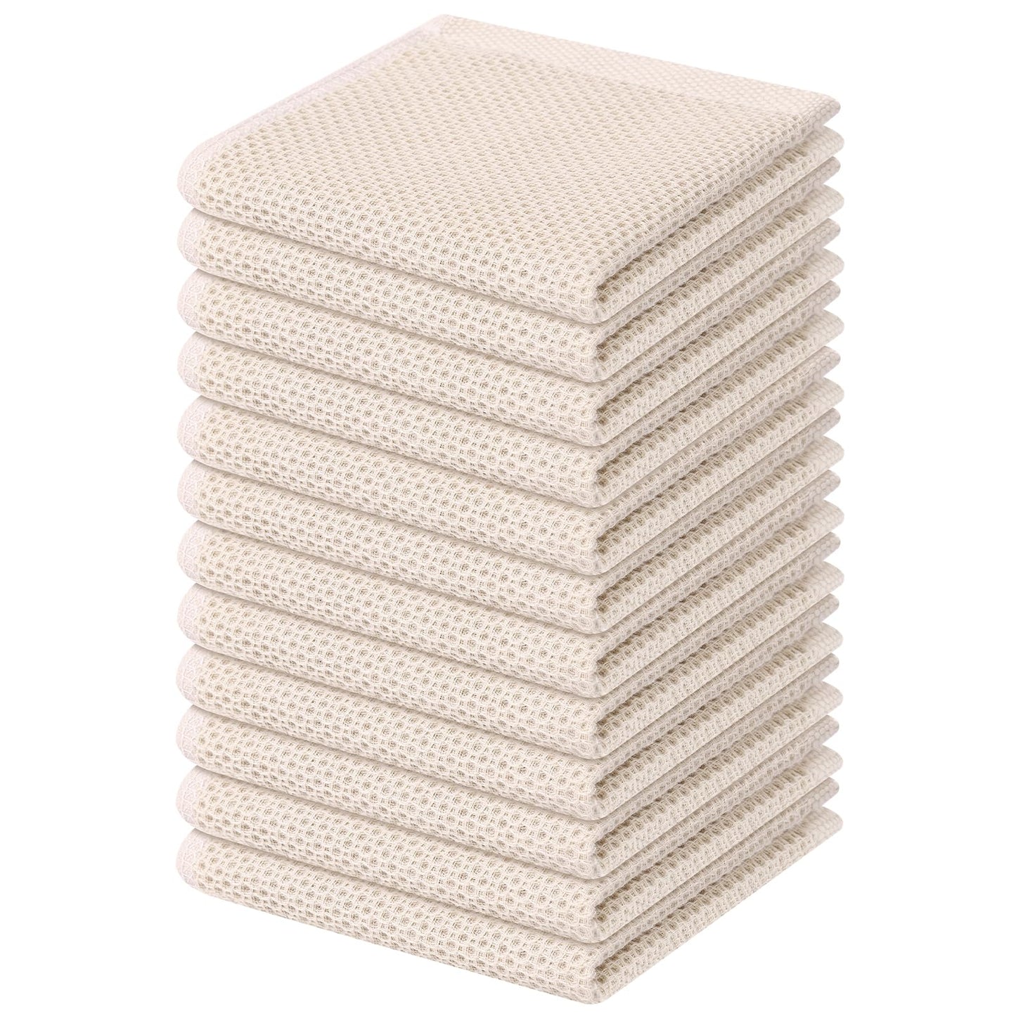 Kitinjoy 100% Cotton Kitchen Dish Cloths, 12 Pack Waffle Weave Ultra Soft Absorbent Dish Towels for Drying Dishes Quick Drying Kitchen Towels Dish Rags, 12 X 12Inch, Beige