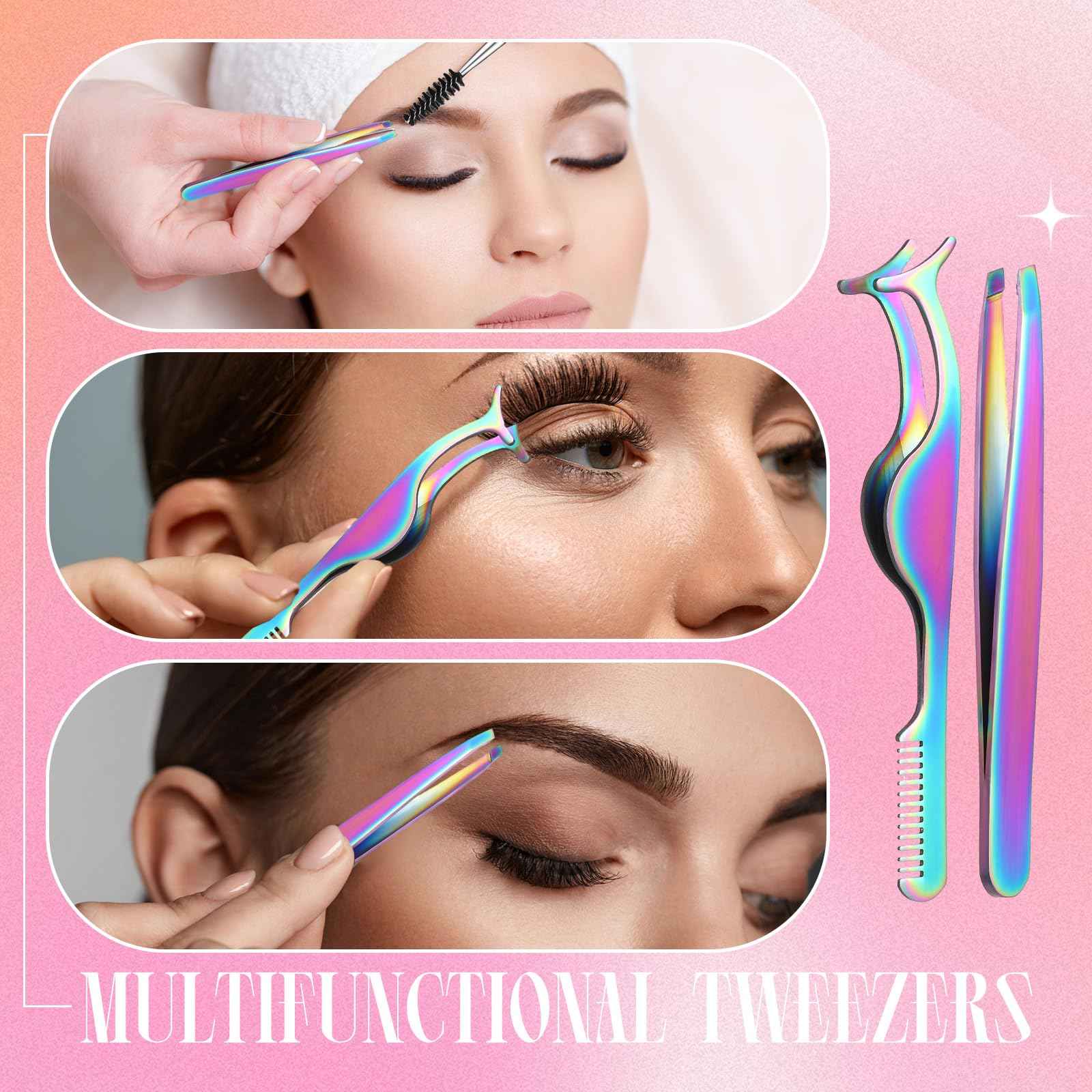 Baderke 5 Pcs Lash Applicator Tool Set Lash Tweezers for DIY Individual Lash Clusters Application and Removal Straight and Curved Eyelash Extension Tweezers with Storage Box and Eyebrush(Colorful)