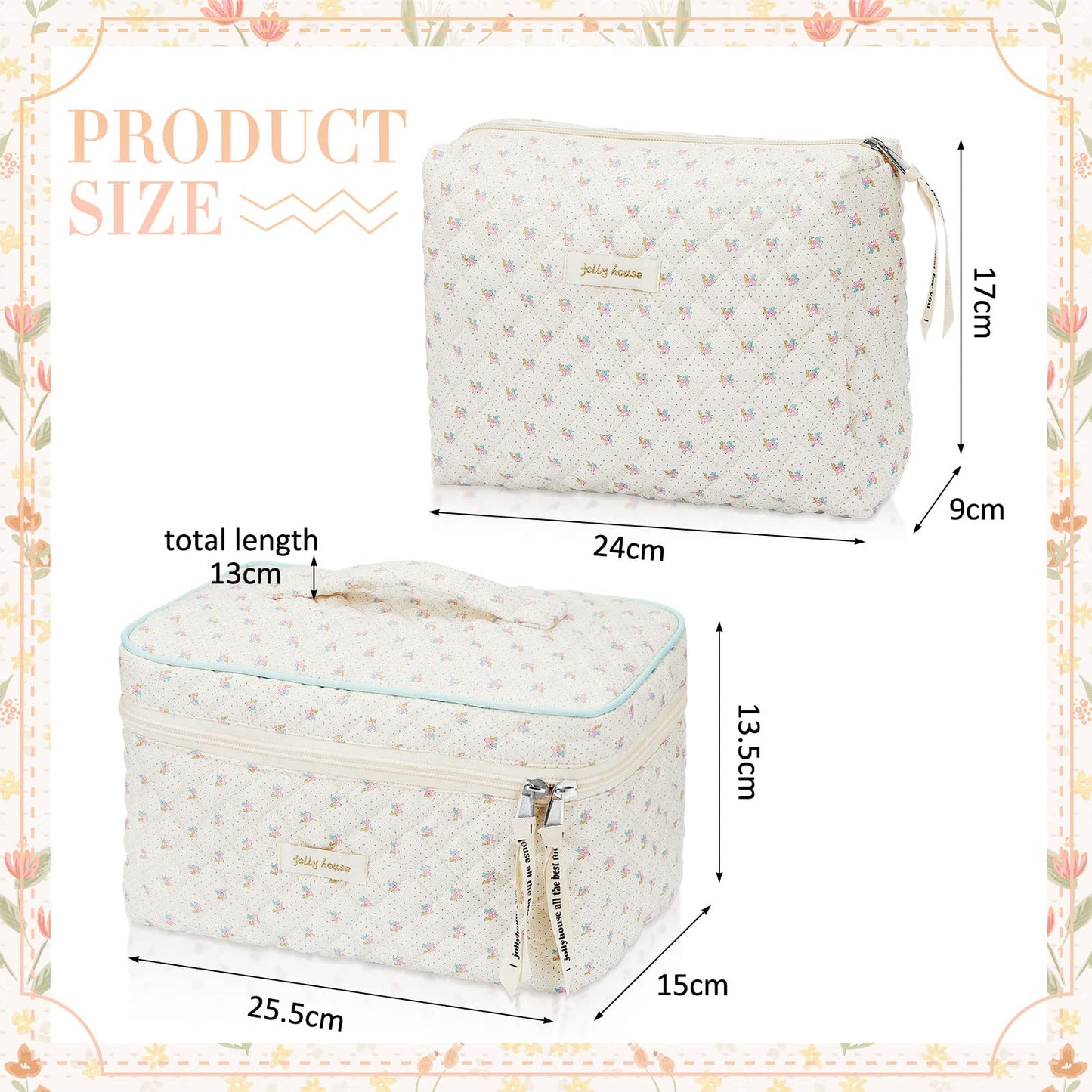 Zeyune 2 Pcs Cotton Quilted Makeup Bag, Large Travel Coquette Cosmetic Bag, Aesthetic Cute Floral Cherry Peony Toiletry Organizer skincare Bag for Women Girls(Floral Style)