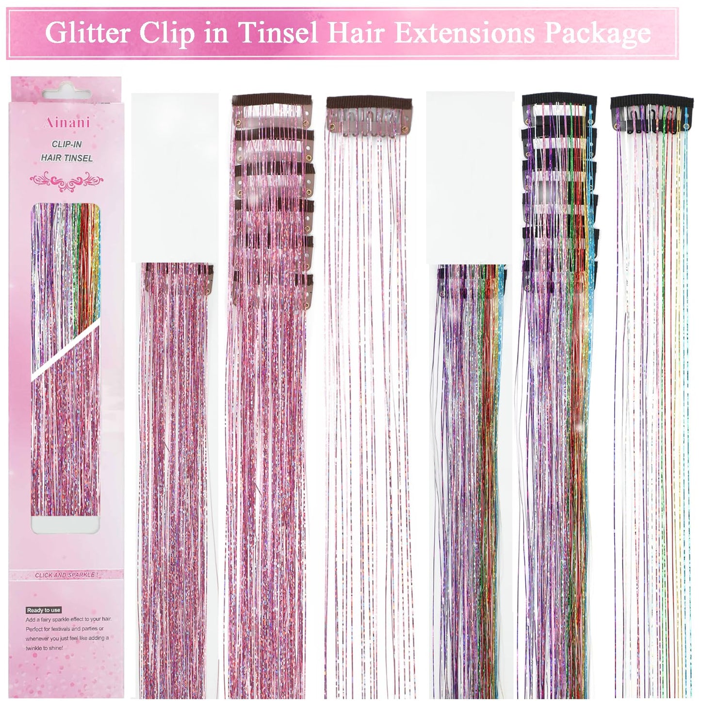 12Pcs Hair Tinsel Clip in 20Inch Glitter Tinsel Hair Extensions Fairy Hair Clip in Hair Tinsel Heat Resistant, Colorful Pink Sparkly Hair Accessories for Girls Women Kids (Pink 6Pcs+Colorful 6Pcs)