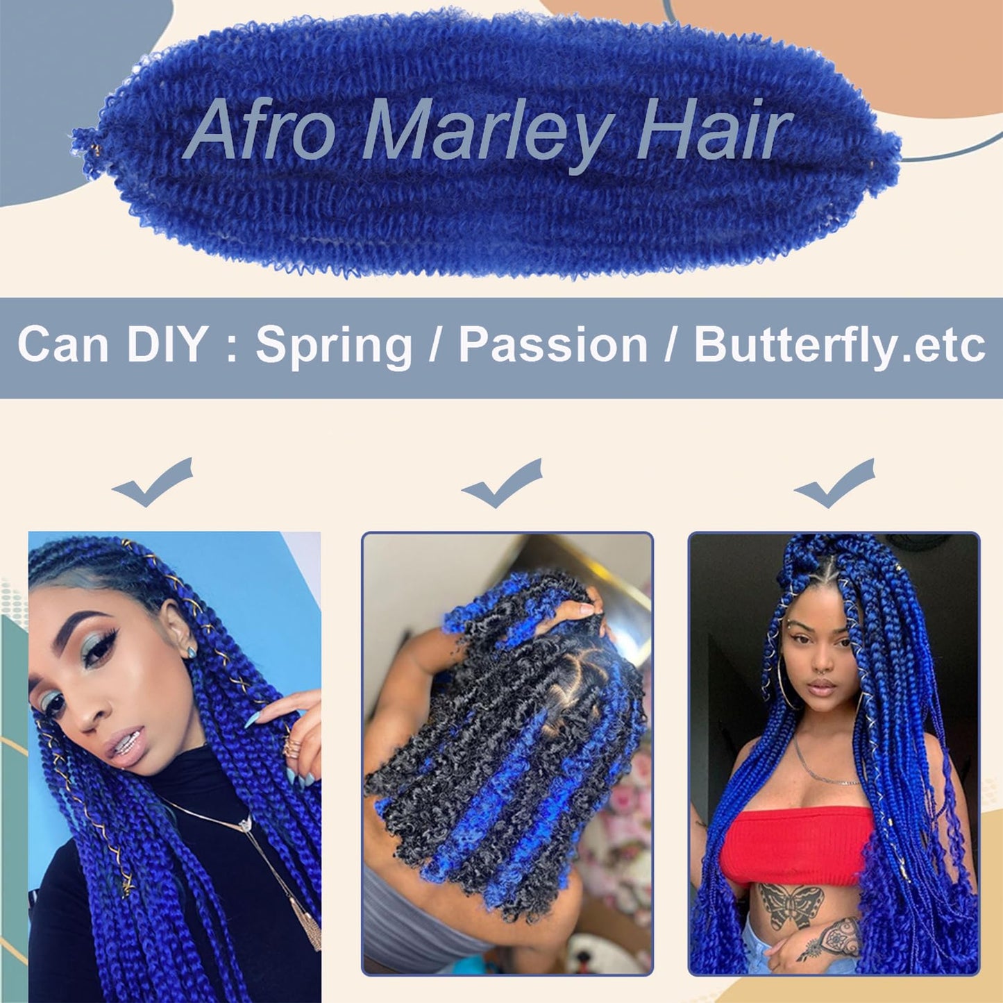 BAOTA Marley Hair 16 Inch 3 Packs Pre Separated Afro Twist Hair Blue Marley Twist Braiding Hair Wrapping Hair for Locs Pre Fluffed Cuban Twist Hair