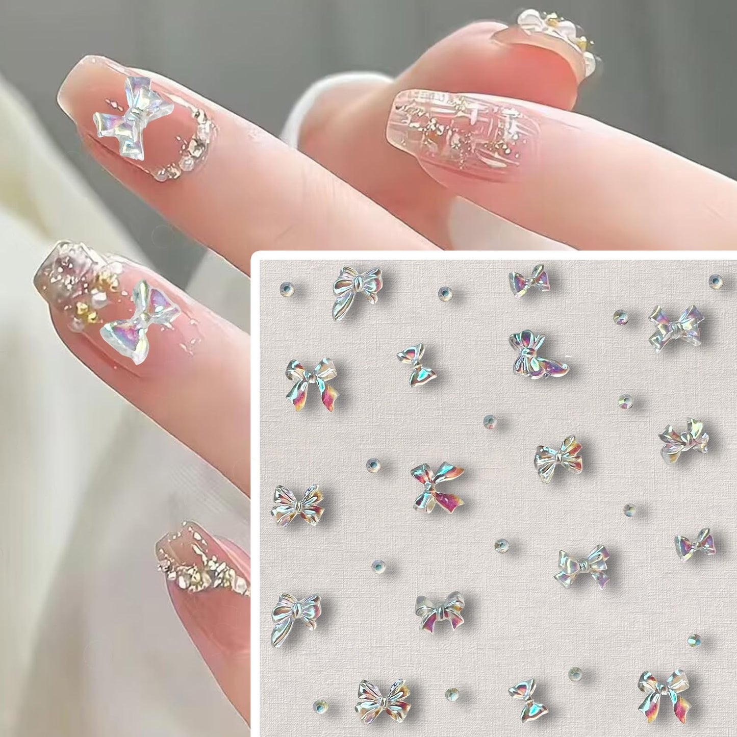 Aurora Bow Nail Charms & Resin Rhinestones, 6 Shapes of Resin Bow Knot Nail Charms for Nail Art Design, 3D Shining Bow-Knot Nail Charms for Acrylic Nail DIY Decoration Nail Art Accessories