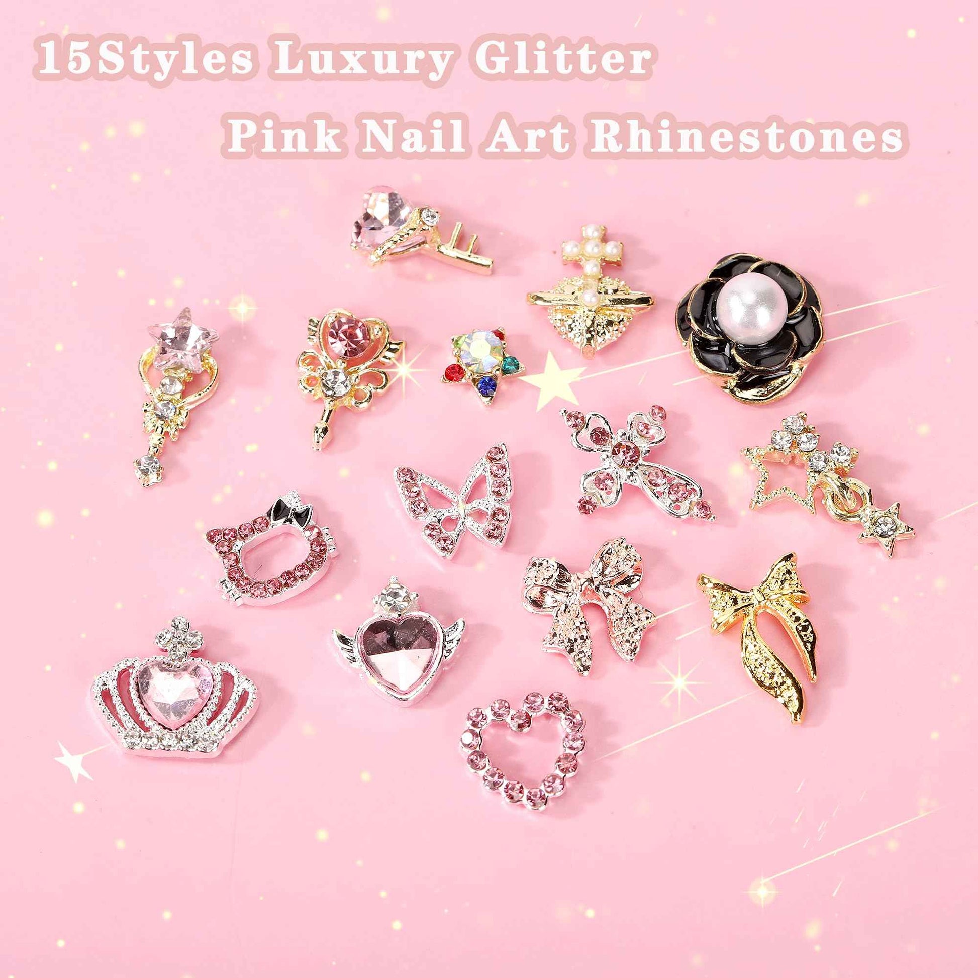 COOSLIM 30PCS Nail Charms Y2k Alloy Nail Art Rhinestone Charms 3D Heart Star Bow Butterfly with Rhinestones Cross Flower Nail Gems Shiny Jewelry Planet Nail Decorations Accessories Supplies A