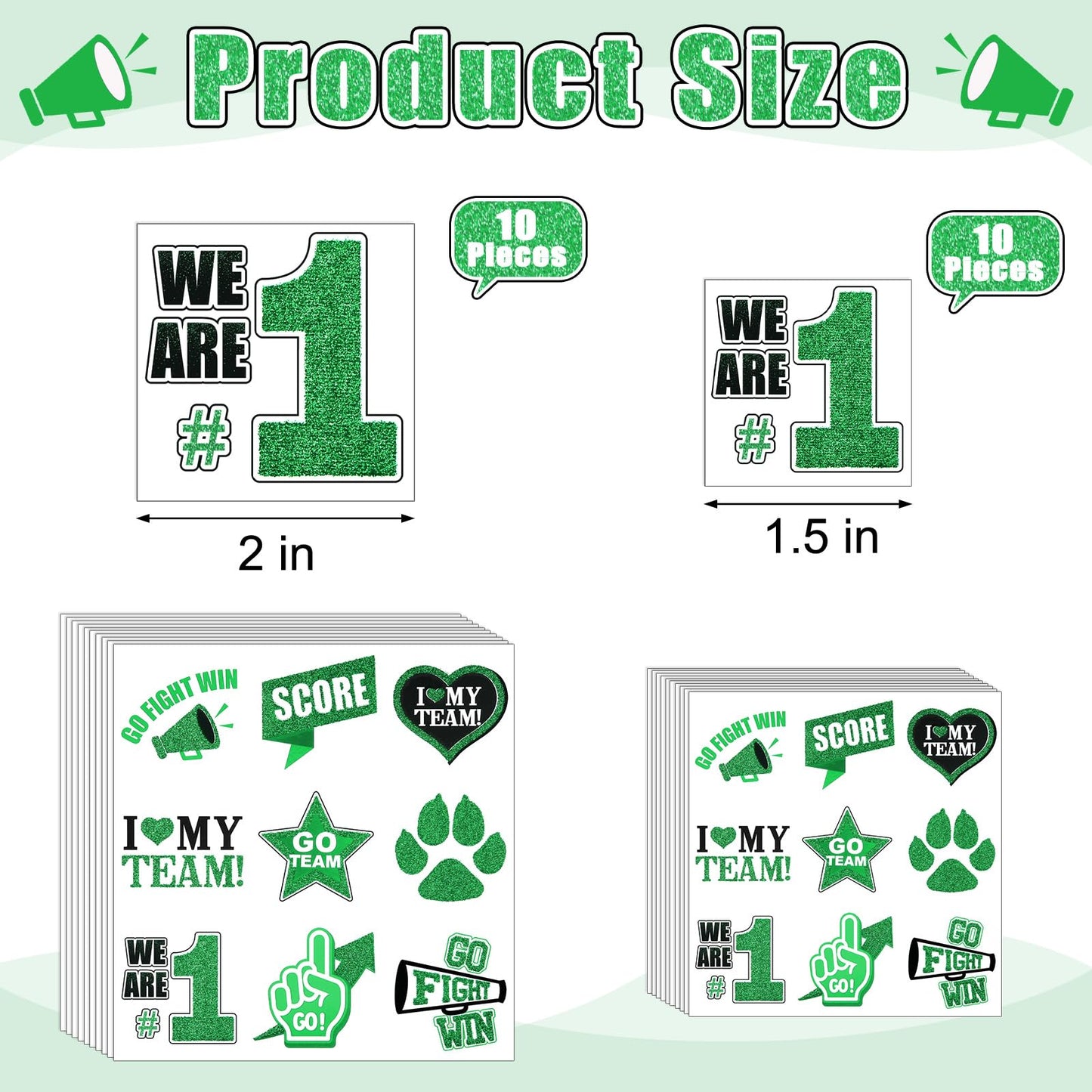 Colarr 180 Pcs Team Spirit Temporary Tattoo 2", 1.5" Face Body Paw Go Team Cheer Tattoo Removable Glitter School Spirit Stickers for Classroom Cheerleading Teams Carnival Sports Games (Green)