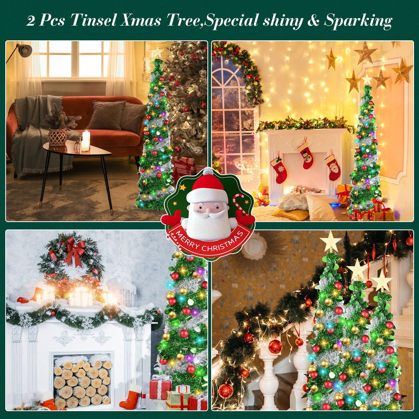 Sumind 2 Pcs 5 ft Pop up Tinsel Christmas Tree Pencil Christmas Tree with String Lights 40 Balls 3D Star Ornament Sequins Artificial Sequin Collapsible Tree with Star for Xmas Holiday