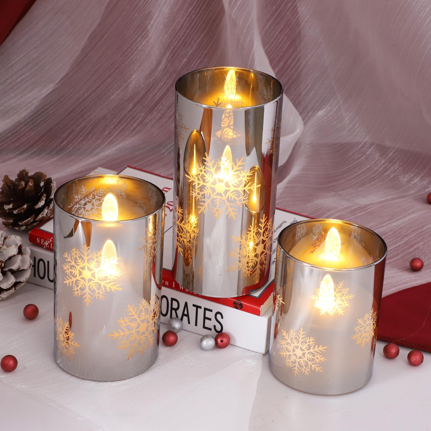 REVELBUNNY Christmas Flameless Candles Snowflake Battery Operated LED Flickering Candles with Remote Timer, Electroplate Glass Pillar Candle for Home Wedding Party Winter Holiday Decor Set of 3