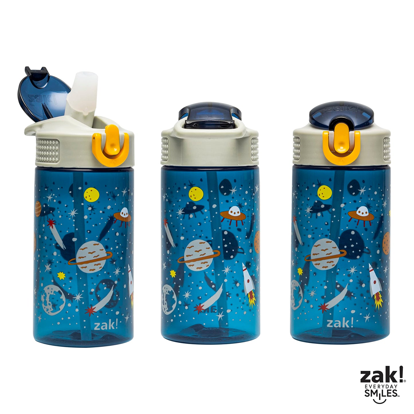 Zak Designs Kids Water Bottle For School or Travel, 16oz Durable Plastic Water Bottle With Straw, Handle, and Leak-Proof, Pop-Up Spout Cover (Space)