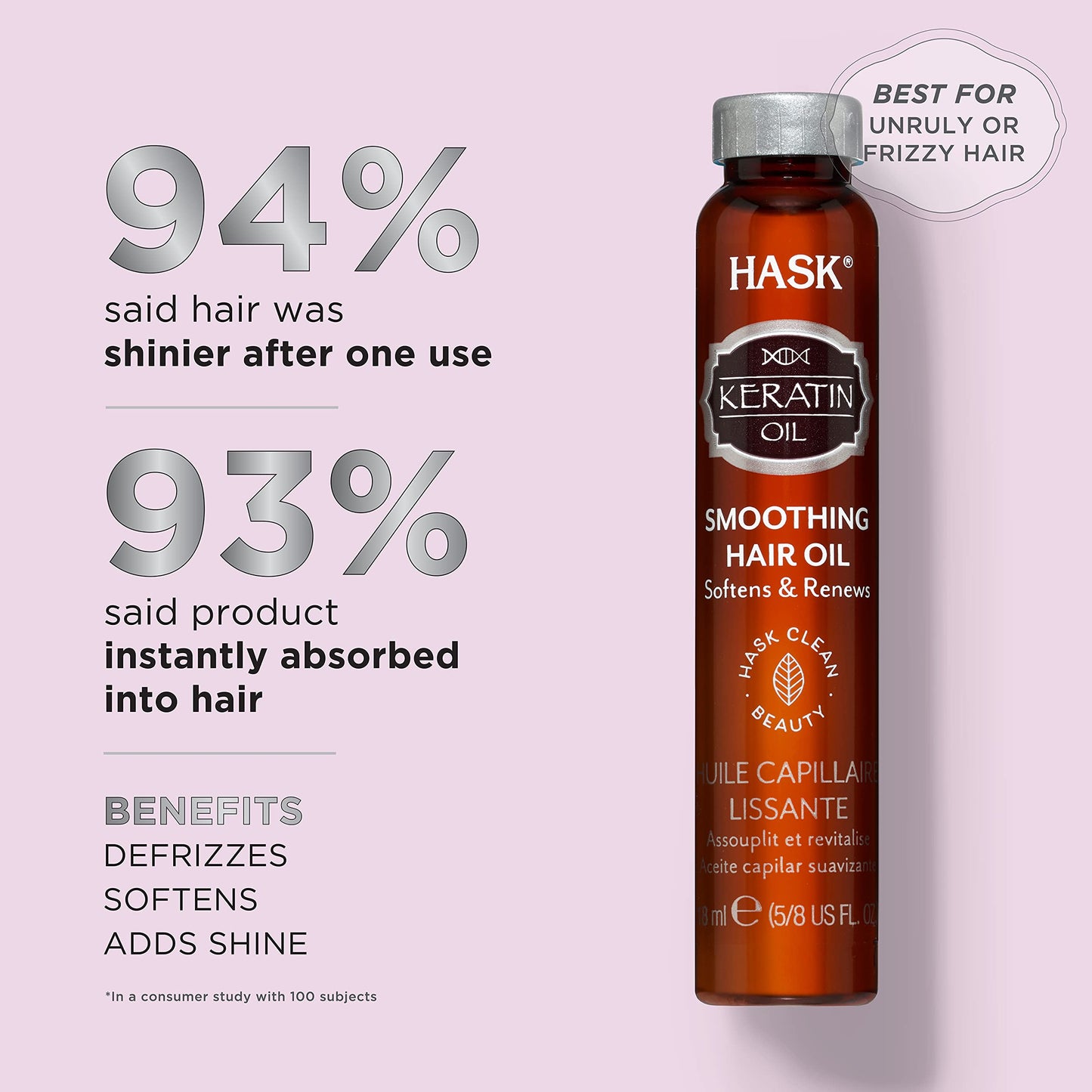 HASK Hair Oil, Keratin Smoothing Hair Treatment for Shine and Frizz Control, 12 Vials, Color Safe, Gluten-Free, Sulfate & Paraben-Free