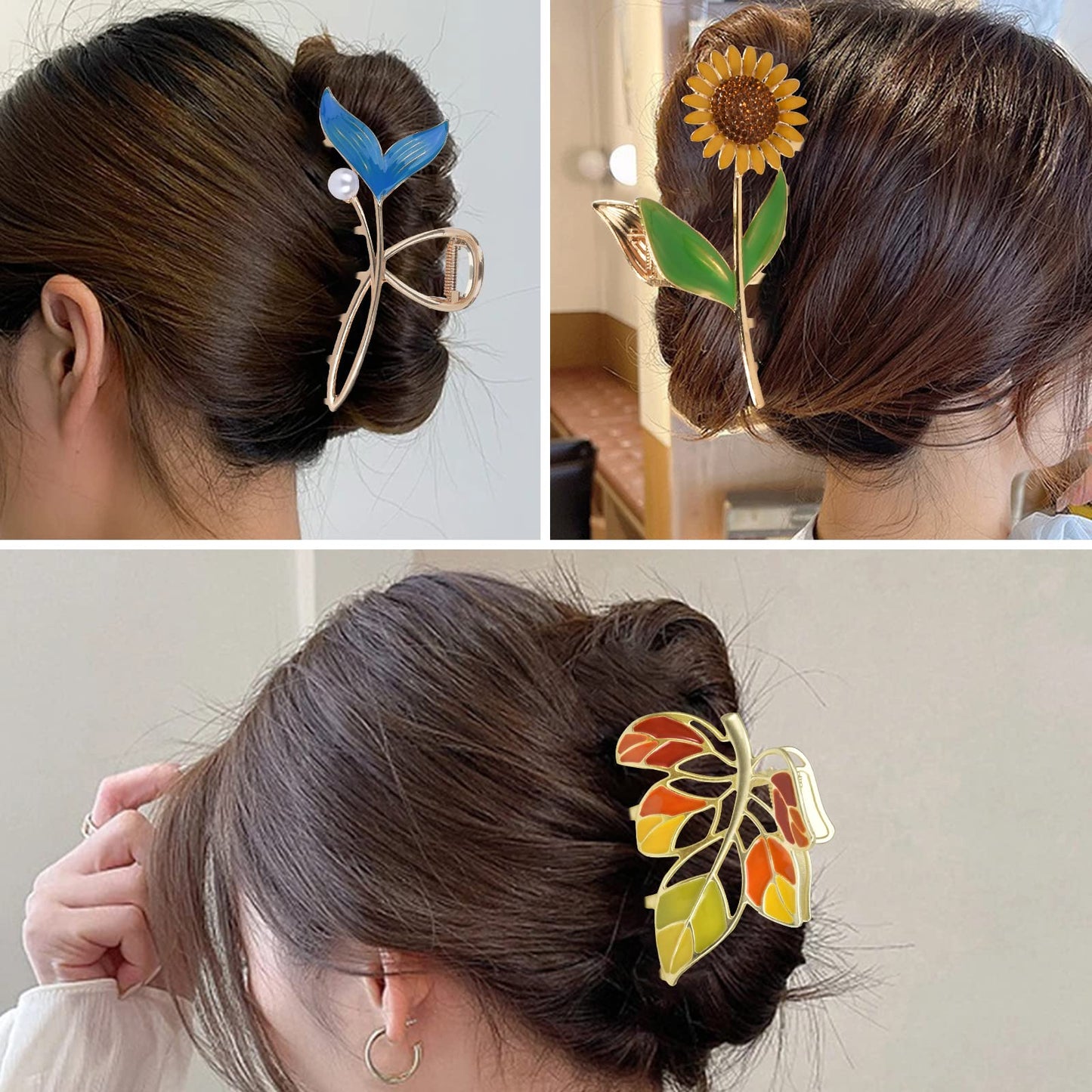 Yonchic 3-Piece Flower Metal Hair Clips, Muticolor Leaves Hair Claw for Thin/Medium Thick Hair, Elegant Sunflower Floral Barrettes Strong Hold Clamps Non-Slip Cute Fish Tail Claws Accessories