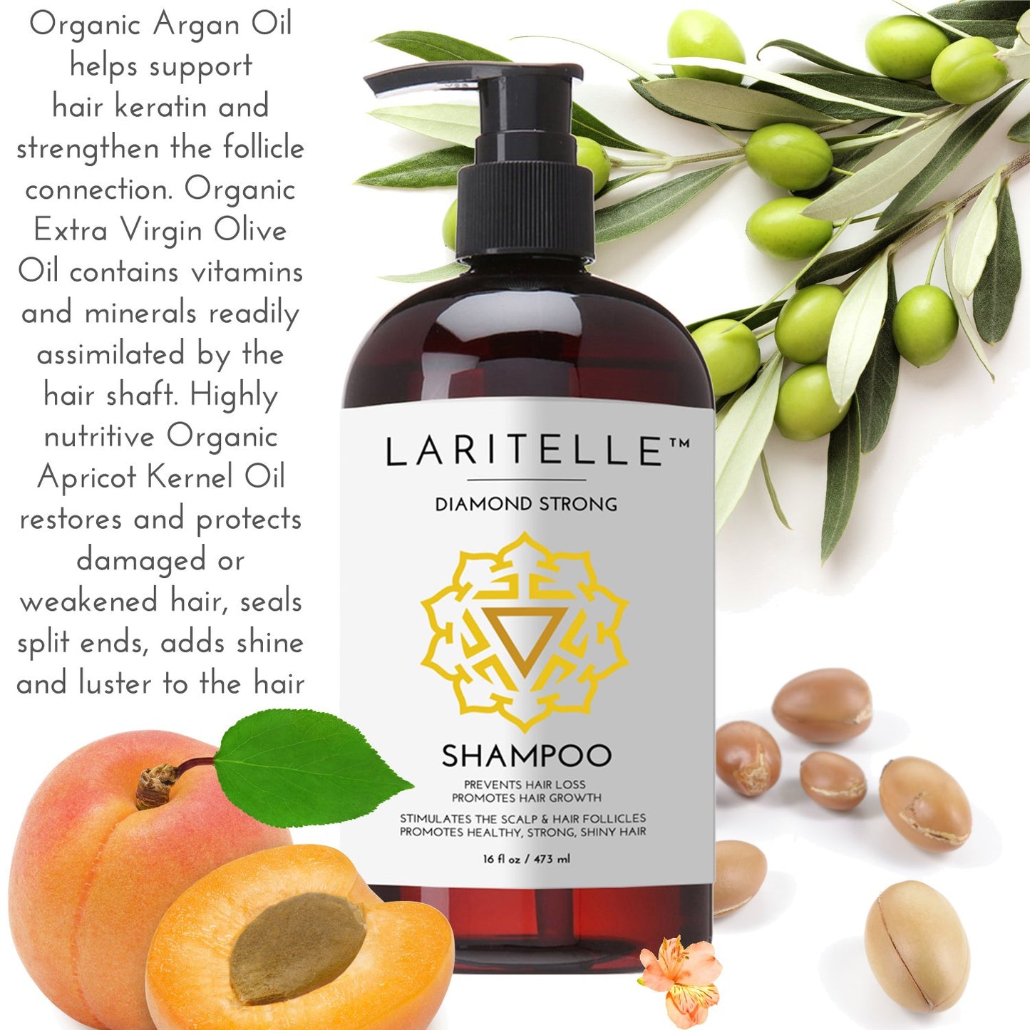 Laritelle Organic Anti-Thinning Shampoo Diamond Strong | RECOMMENDED BY DERMATOLOGISTS for Hair Loss Prevention | Strengthening, Follicle Stimulating | Argan, Rosemary, Lemongrass, Ginger & Cedarwood