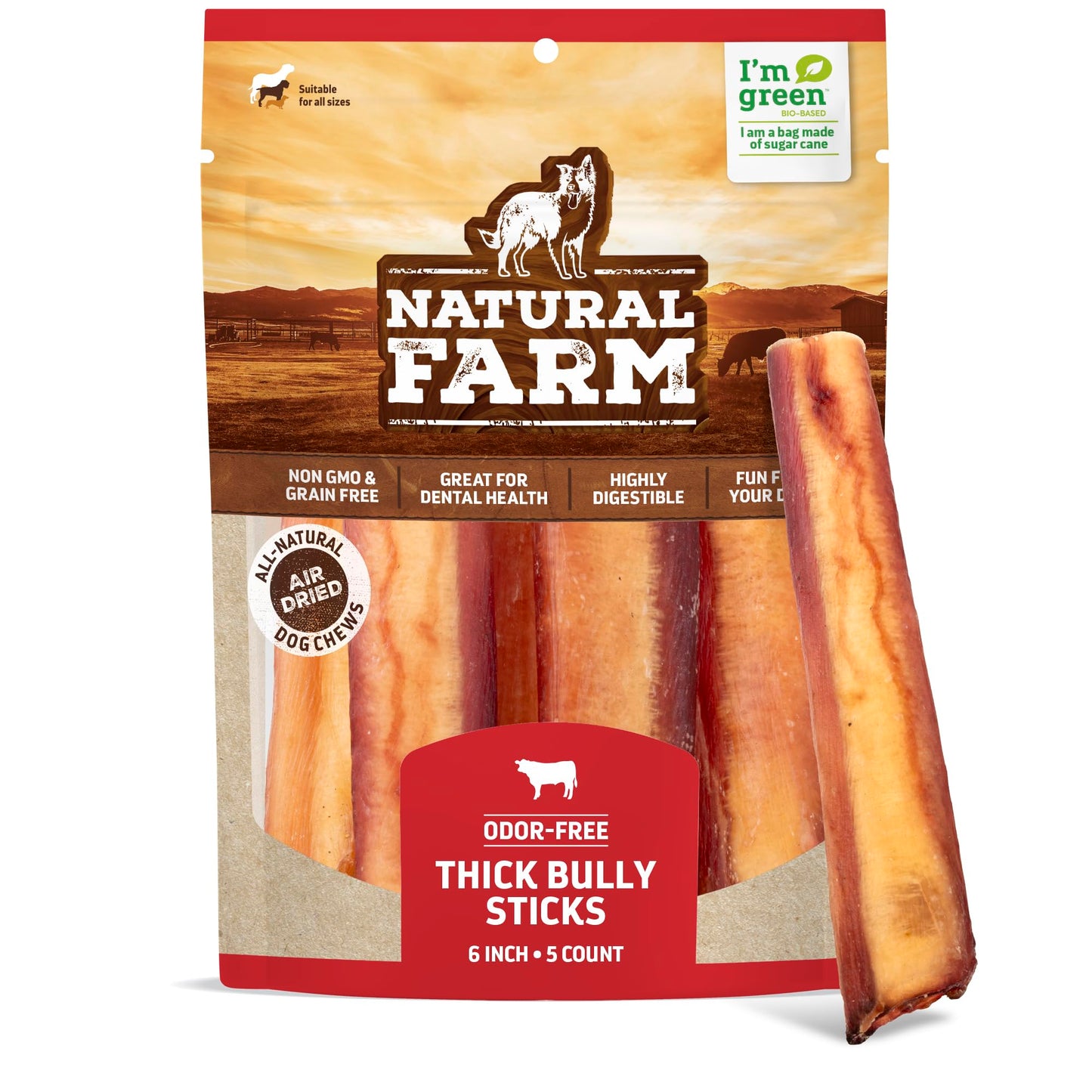 Natural Farm Odor-Free Thick Bully Sticks (6”, 5-Pack) All-Natural Long-Lasting Dog Chews, 100% Beef Pizzle, Grass-Fed, Grain-Free, Protein for Muscle Development & Energy, Perfect for Medium Chewers