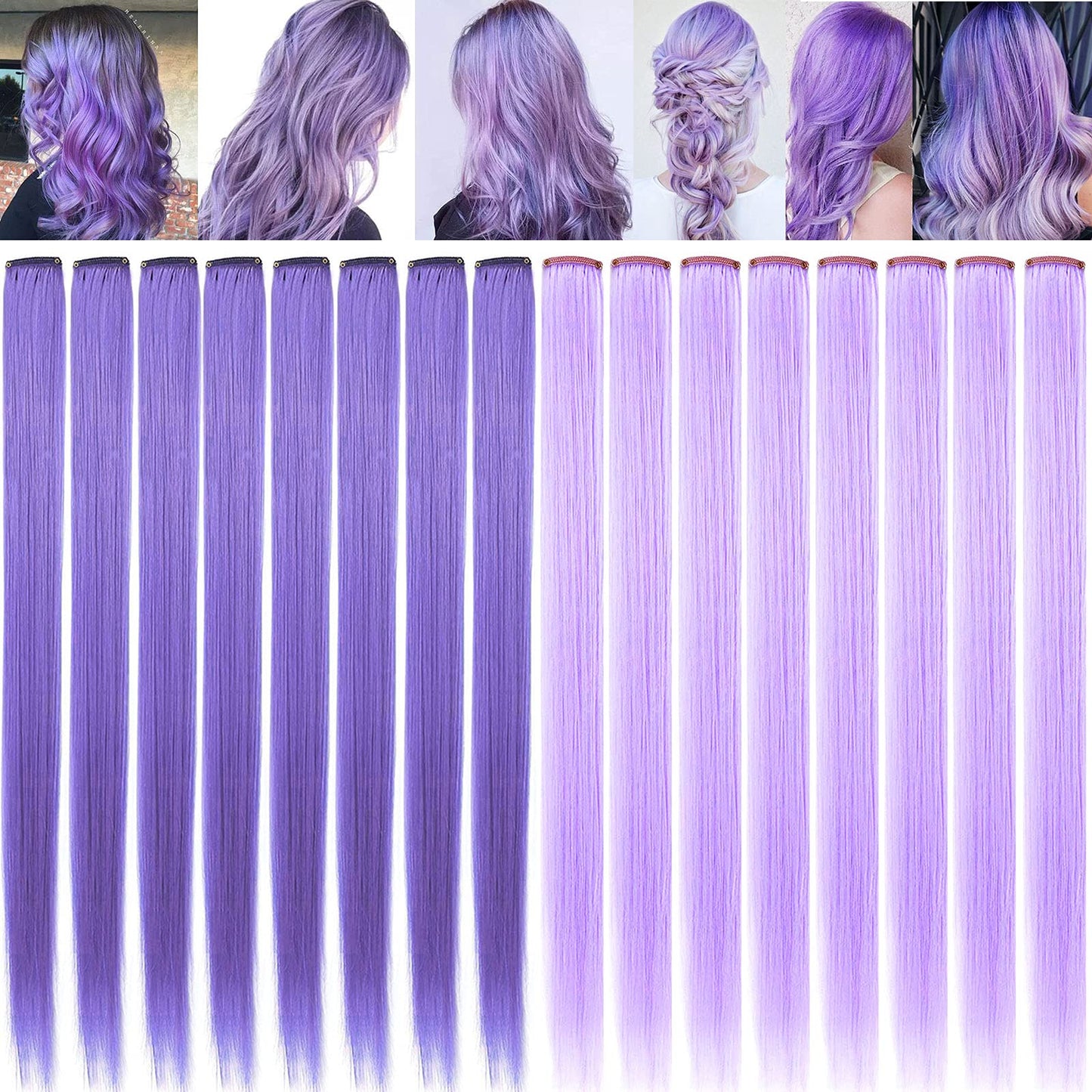 SARARHY Colored Hair Extensions 21 inch Multicolors Party Highlights Straight Hair Extension Clip In/On For girls and Women Costume Wig Pieces 16 PCS (Lavender Light purple)