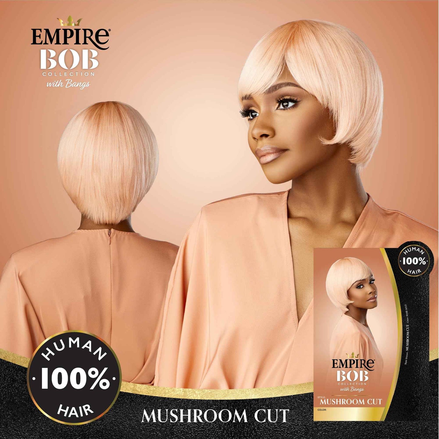 Sensationnel Empire Bob Humanhair Wig - Mushroom Cut Face Framing Mesh Cap for Comfort With Bangs (ROSEGOLD)