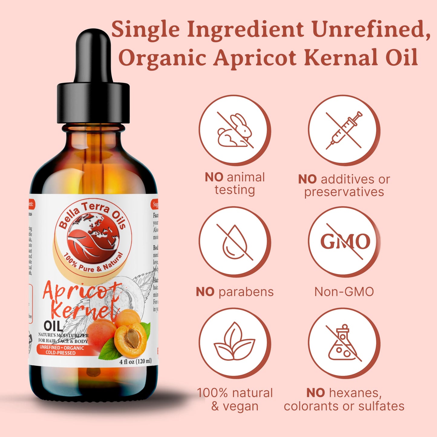 Bella Terra Oils - Organic Apricot Kernel Oil 4oz - Dive into Organic Apricot's Nutritional Excellence, High in Vitamin C, Promotes Supple & Radiant Skin