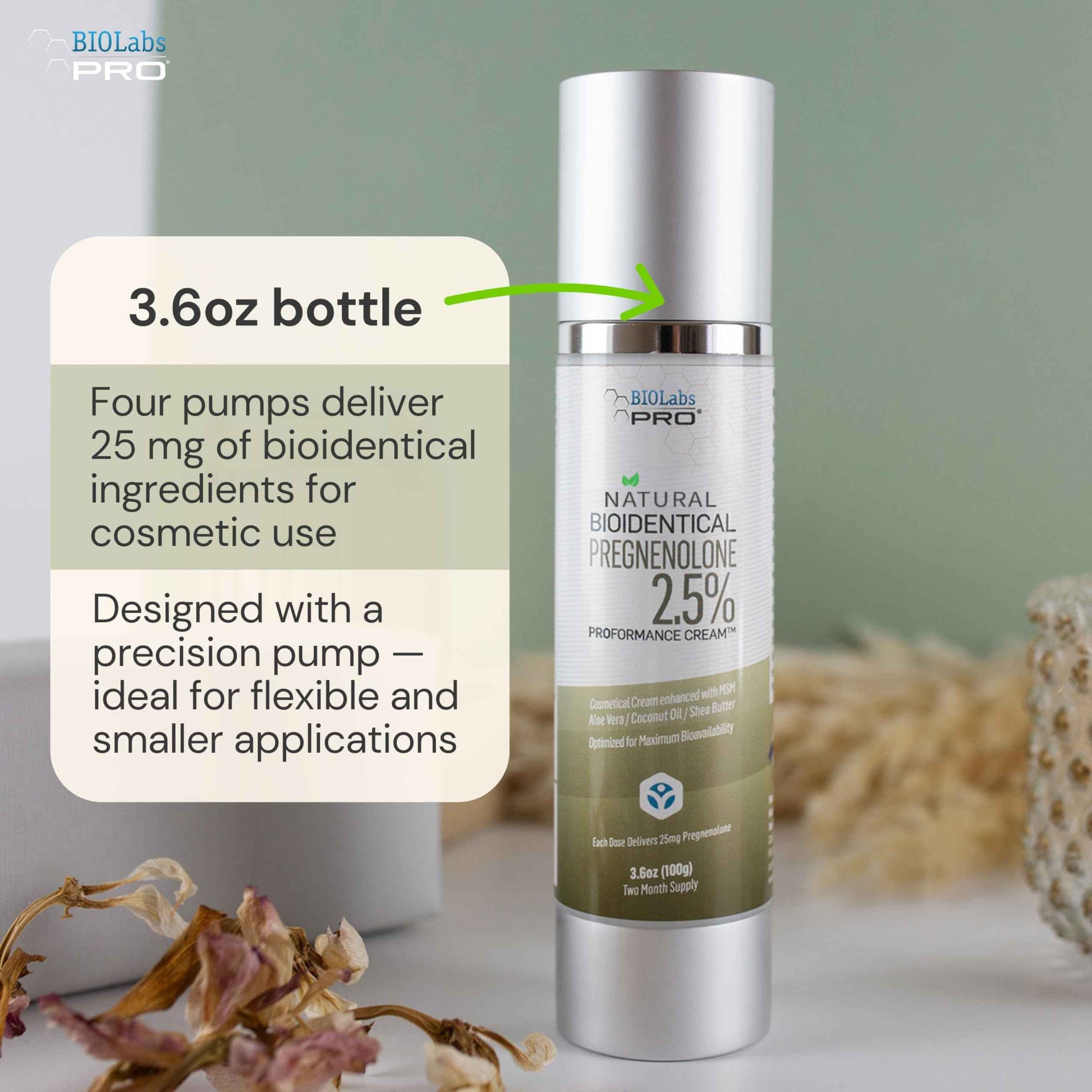 BIOLABS PRO Pregnenolone Cream 2.5% - Bioidentical Natural Pregnenolone - 25mg Per Dose - Three Month Supply - Luxury Bottle - 3.6oz