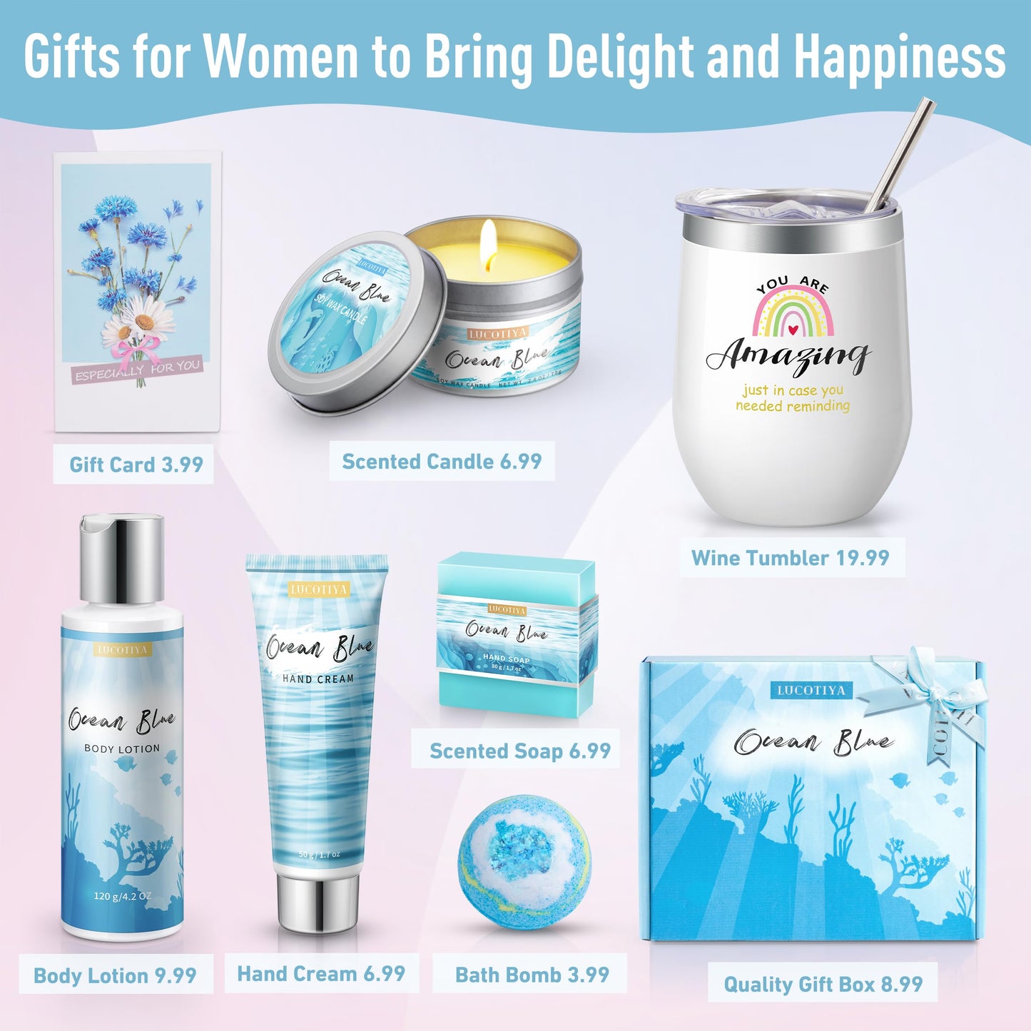 Birthday Gifts for Women, Ocean Scented Spa Gifts for Women 7 Luxury Self Care Gifts for Women, Gift Basket Care Package for Women Her Wife Mom Friends Female Bff