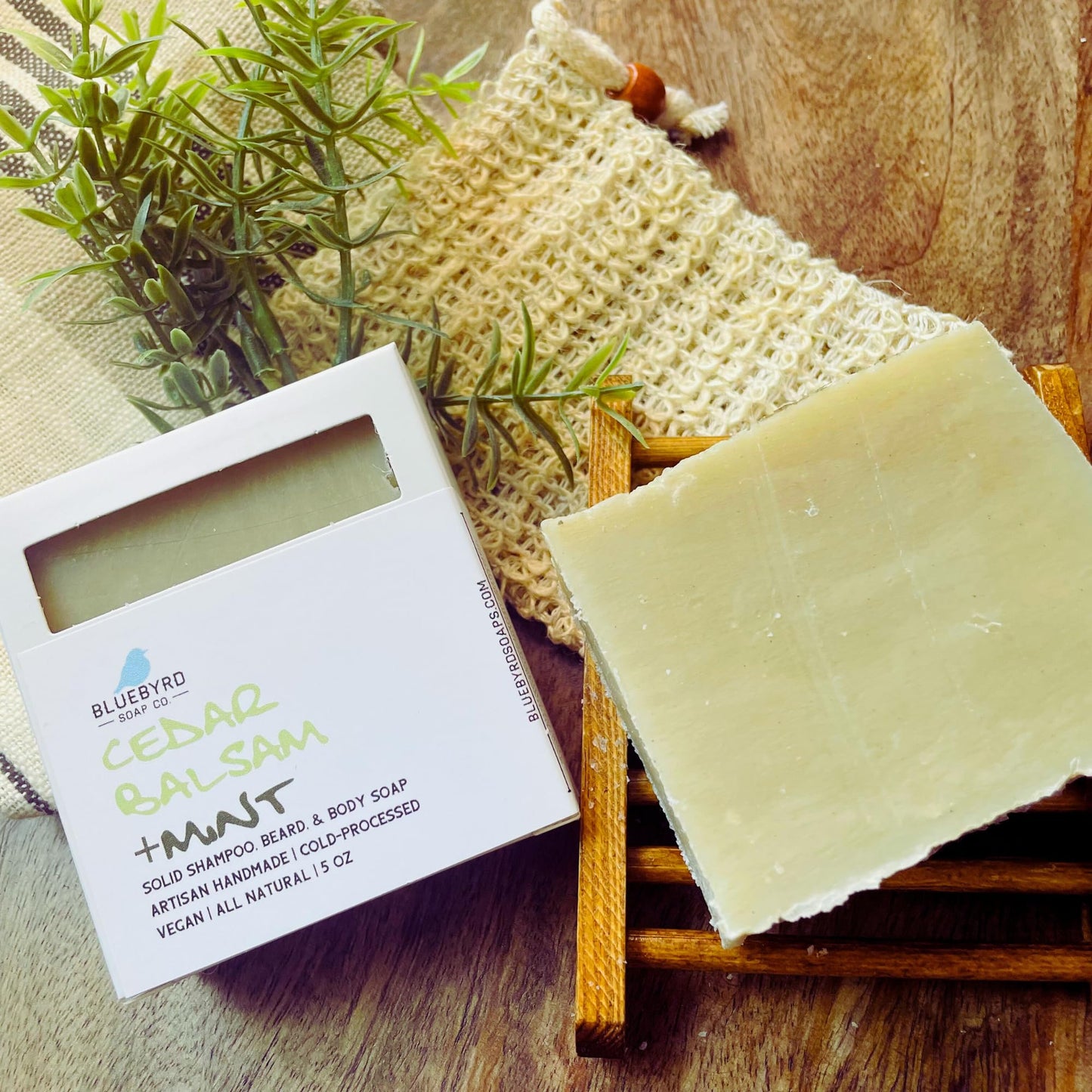 Bluebyrd Soap Co. Cedar Balsam + Mint Solid Shampoo & Body Wash Soap Bar | 100% All Natural Multi-Purpose Bars -Refreshing Menthol Scent | Pure Essential Oil, Vegan, Organic (Cedar Mint)