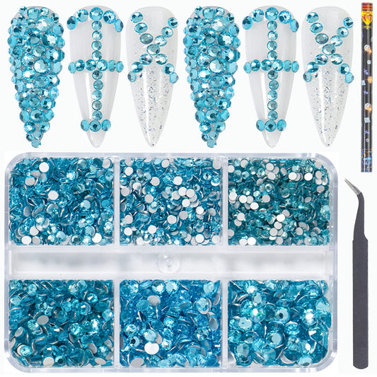 6Grids 3000Pcs Clear Flatback Rhinestones , Lake Blue Nail Gems Crystals Jewels, Craft Glass Diamonds Stones Bling Rhinestone with Tweezers and Picking Pen For Nail Face Makeup(1.8mm~4mm Crystal)