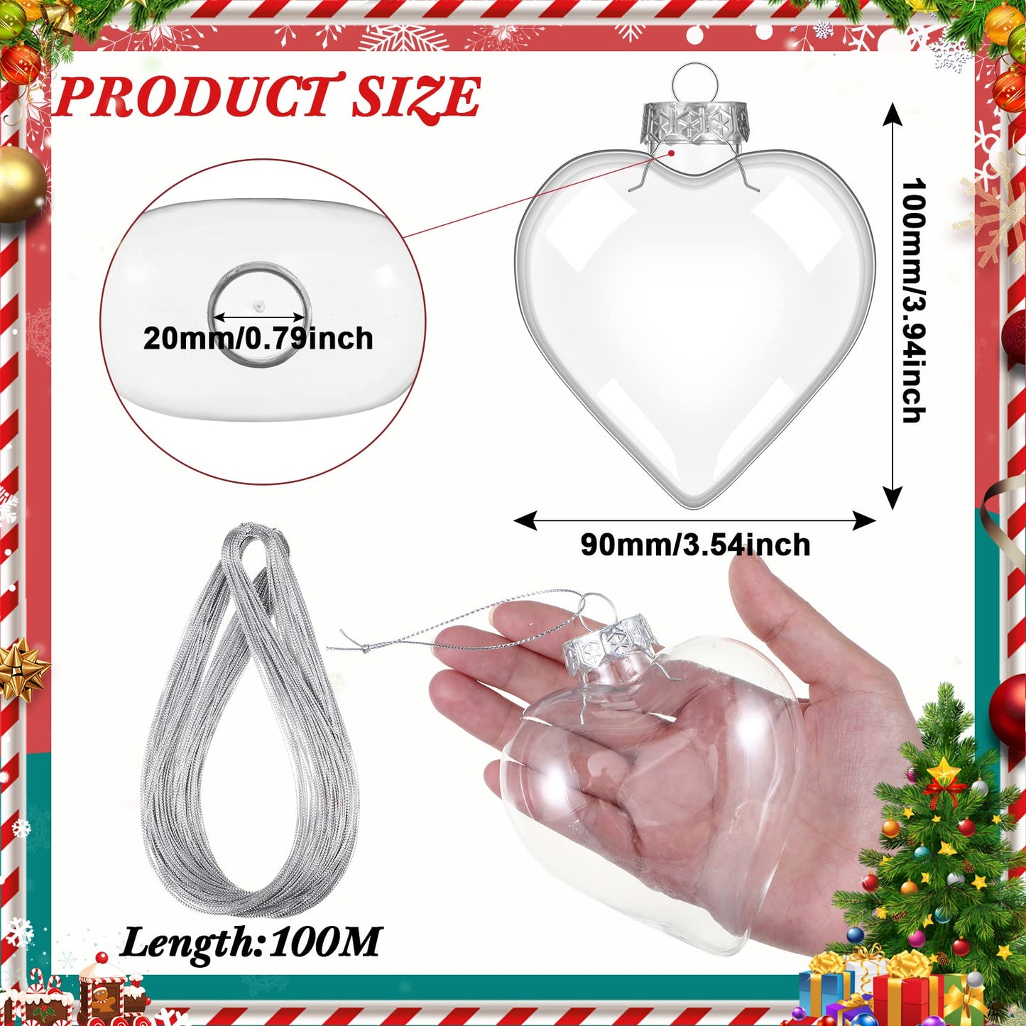 24 Pcs Christmas Clear Heart Ornament for Crafts DIY Fillable Christmas Ornament Balls 100 mm Plastic Heart Shaped Filling Transparent Hanging Box with Rope for Xmas Tree Decor Wedding Party Present