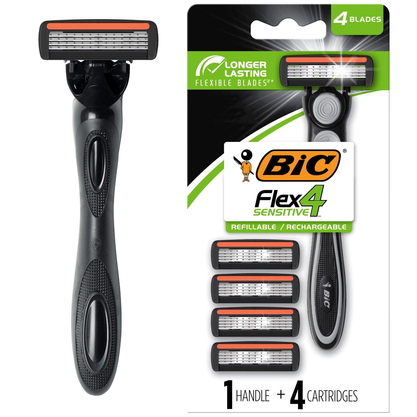 BIC Flex 4 Refillable Razors for Men, Long-Lasting 4 Blade Razors for Sensitive Skin, 1 Handle and 4 Cartridges, 5 Piece Shaving Kit