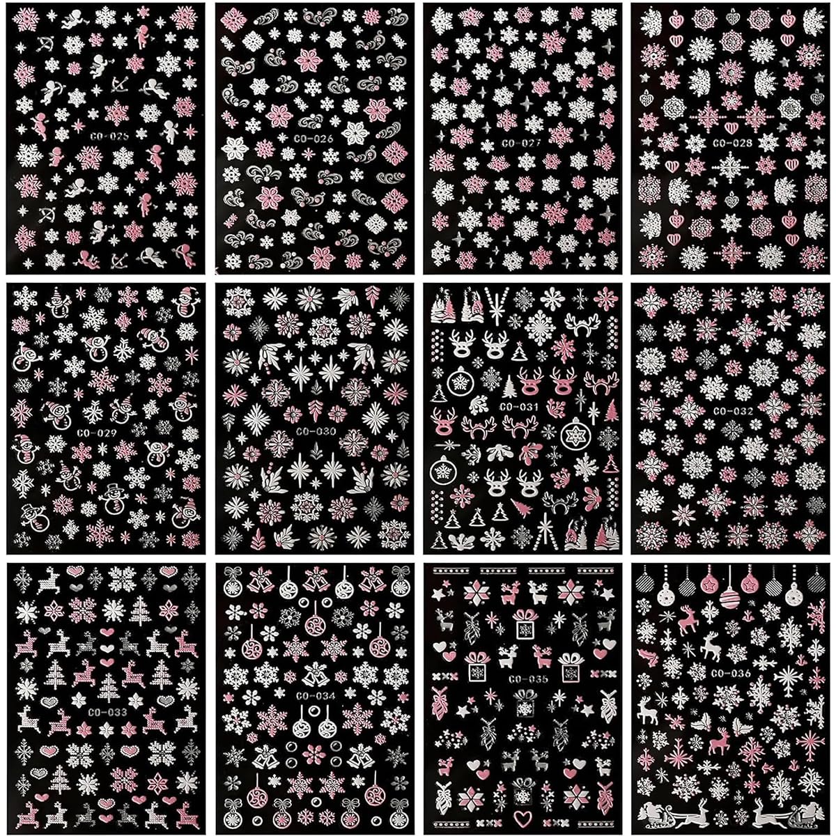 12 Sheets Christmas Nail Art Stickers 5D Self-Adhesive Pink Snowflake Nail Decals Xmas Bell Elk Nail Art Design Stickers Winter Holiday Nail Stickers for Women Girls DIY Acrylic Manicure Supplies