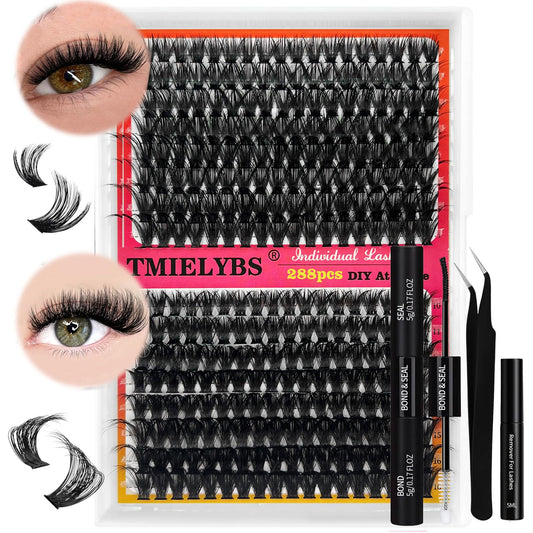 DIY Fluffy Lash Extension Kit 80D+100D 288pcs 10-16MM Volume Lash Clusters Kit with Lash Bond and Seal Individual Lashes D Curl Cluster Lashes, Lash Cluster Remover and Lash Applicator by TMIELYBS