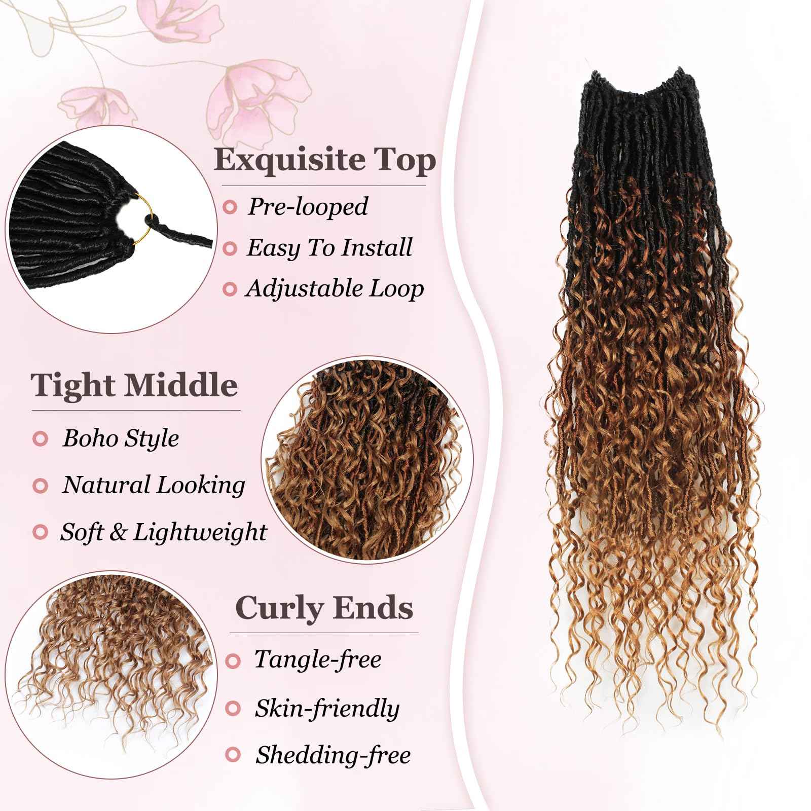 Haftaluv Boho Faux Locs Crochet Hair 9 Packs Long Goddess locs 24 Inch Boho Soft Locs With Curly Ends Pre Looped Bohemian River Loc Crochet Hair For Women (24 inch,1B/30/27)