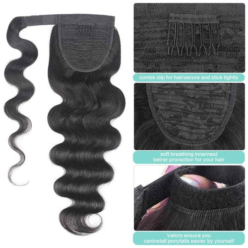 Humistwbiu Human Hair Body Wave Ponytail with Magic Paste Warp Around 100% Brazilian Virgin Human Hair Ponytail for Black Women Natural Color 16 Inch