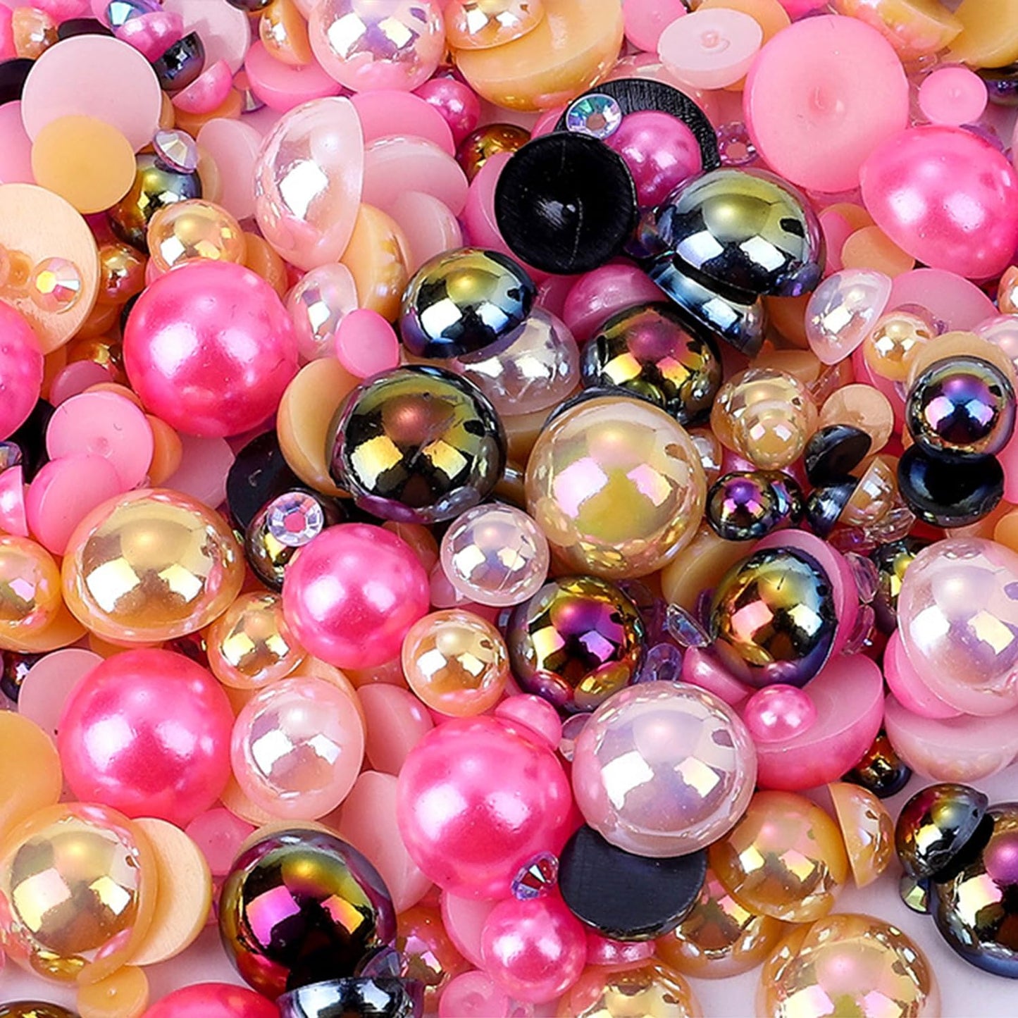 Flatback Pearls Rhinestones for Craft 30g 1400Pcs (2-10mm) Half Round Resin AB Color Rhinestones Pearls for Nail Art Face Body Tumblers-Pink,Yellow,Black