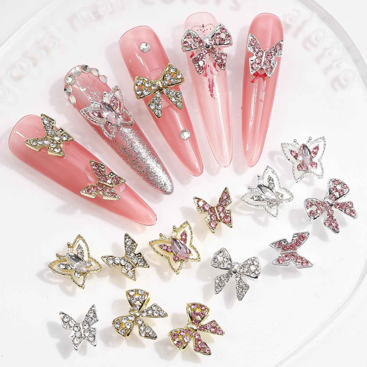 CUBLIVE 24PCS Nail Charms Y2k Alloy Nail Art Rhinestone Charms 3D Heart Bow Butterfly Charm with Rhinestones Cherry Nail Gems Shiny Jewelry Nail Decorations Accessories Supplies (SG)