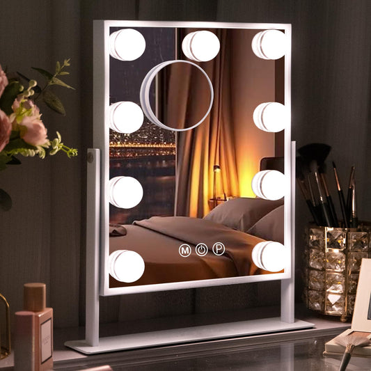 Misavanity Vanity Mirror with Lights 9 LED Bulbs 9.84" x11.81" Makeup Mirror with Lights 360 Rotation Dimmable 3 Color Lighting Modes Detachable 10x Magnification Mirror for Tabletop Bedroom, White