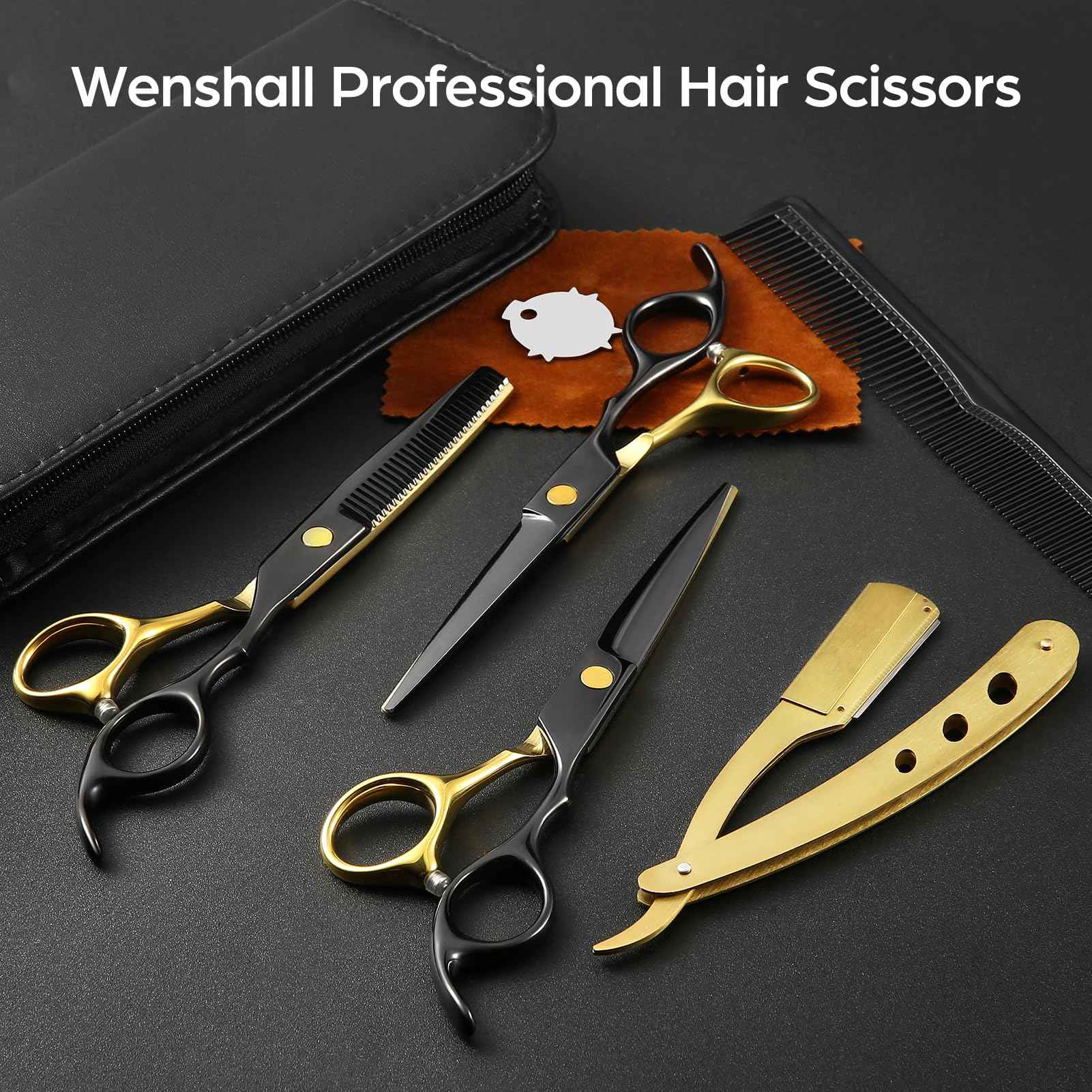 Wenshall Professional Black Gold Hair Scissors 6.89" Teeth Japanese Stainless Steel Multifunctional Salon Thinning Scissors Straight Shears Tools for Men Women Home Salon Barber