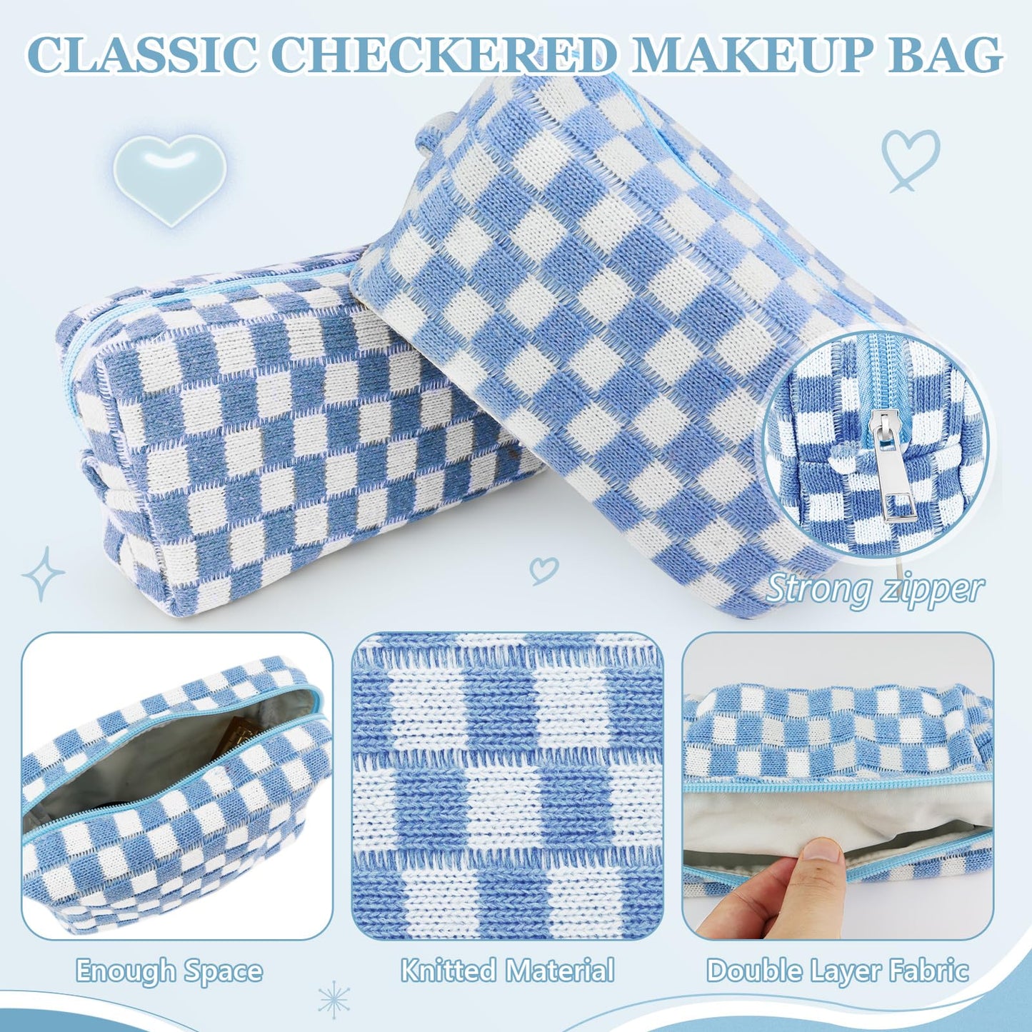 58 Pcs Checkered Makeup Bag Set Preppy Aesthetic Cosmetic Bag Travel Makeup Pouch Toiletry Bag 7 Heishi Surfer Bracelets with 50 Cute Preppy Stickers for Women Girls Teens Gift (Blue)