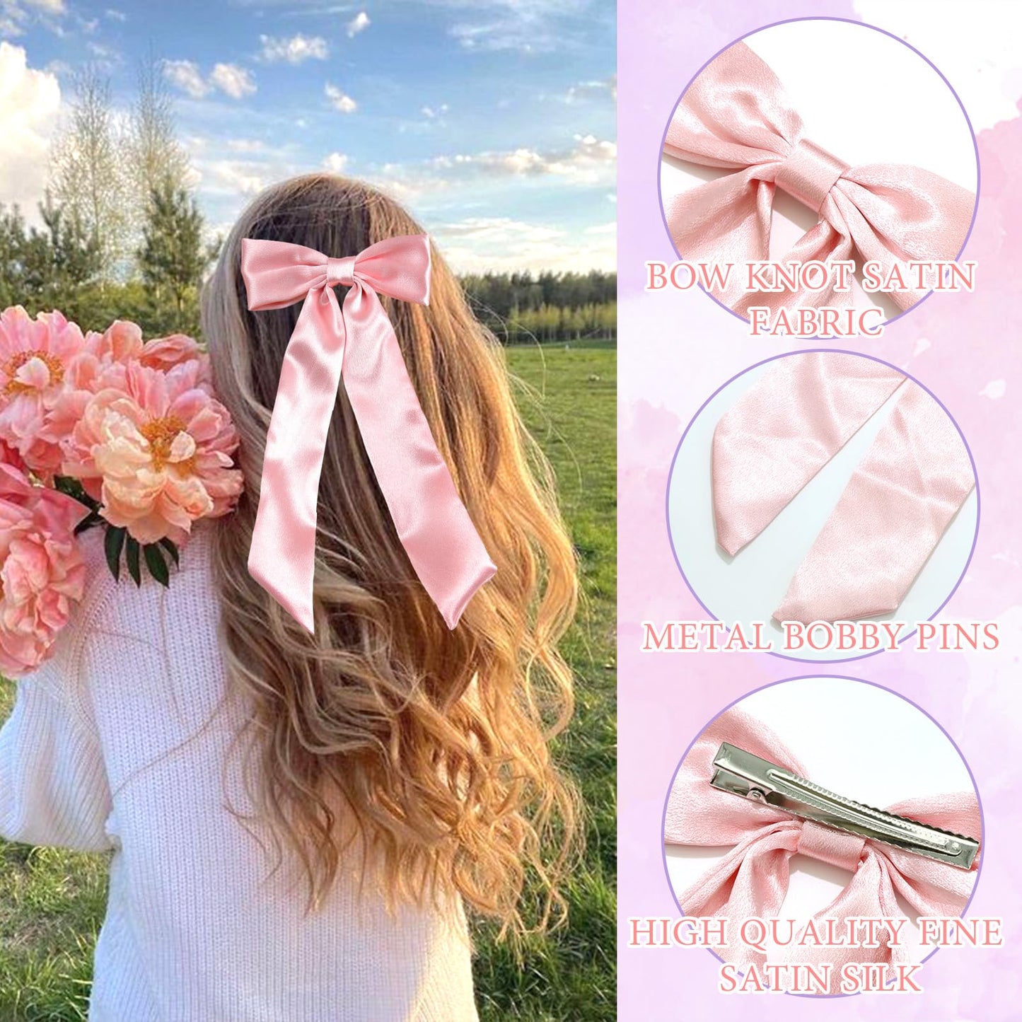 SAWINDA Pink Hair Bows for Women 2PCS Satin Hair Ribbon Hair Bows Metal Bow Hair Clips with Long Tail Hair Bows Wedding Prom Tassel Bowknot Hair Clips Hair Barrettes for Teen