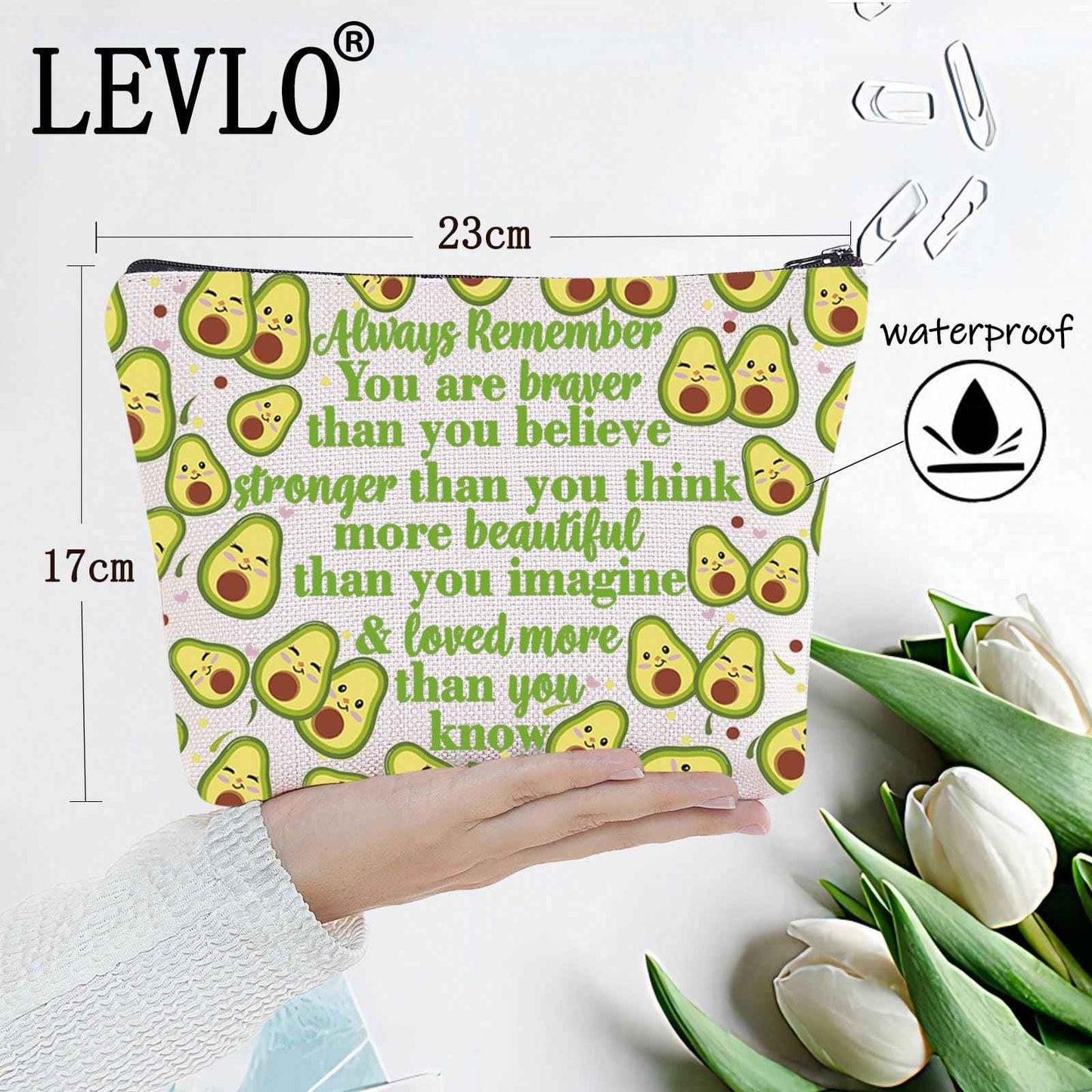 LEVLO Funny Avocado Cosmetic Make up Bag Avocado Lover Inspired Gift Avocado You Are Braver Stronger Smarter Than You Think Makeup Zipper Pouch Bag For Women Girls (Avocado Full Bag)