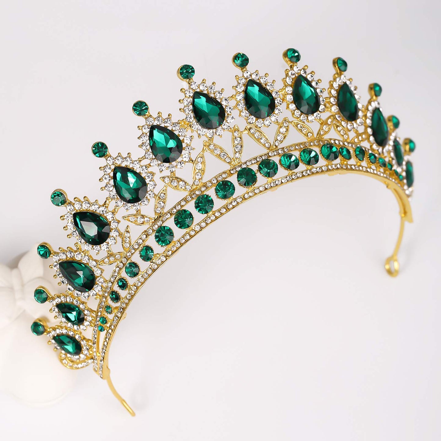 FORSEVEN Queen Princess Tiaras and Crowns Bridal Headband Women Girls Prom Party Diadem Wedding Hair Jewelry Accessories (Gold Green)