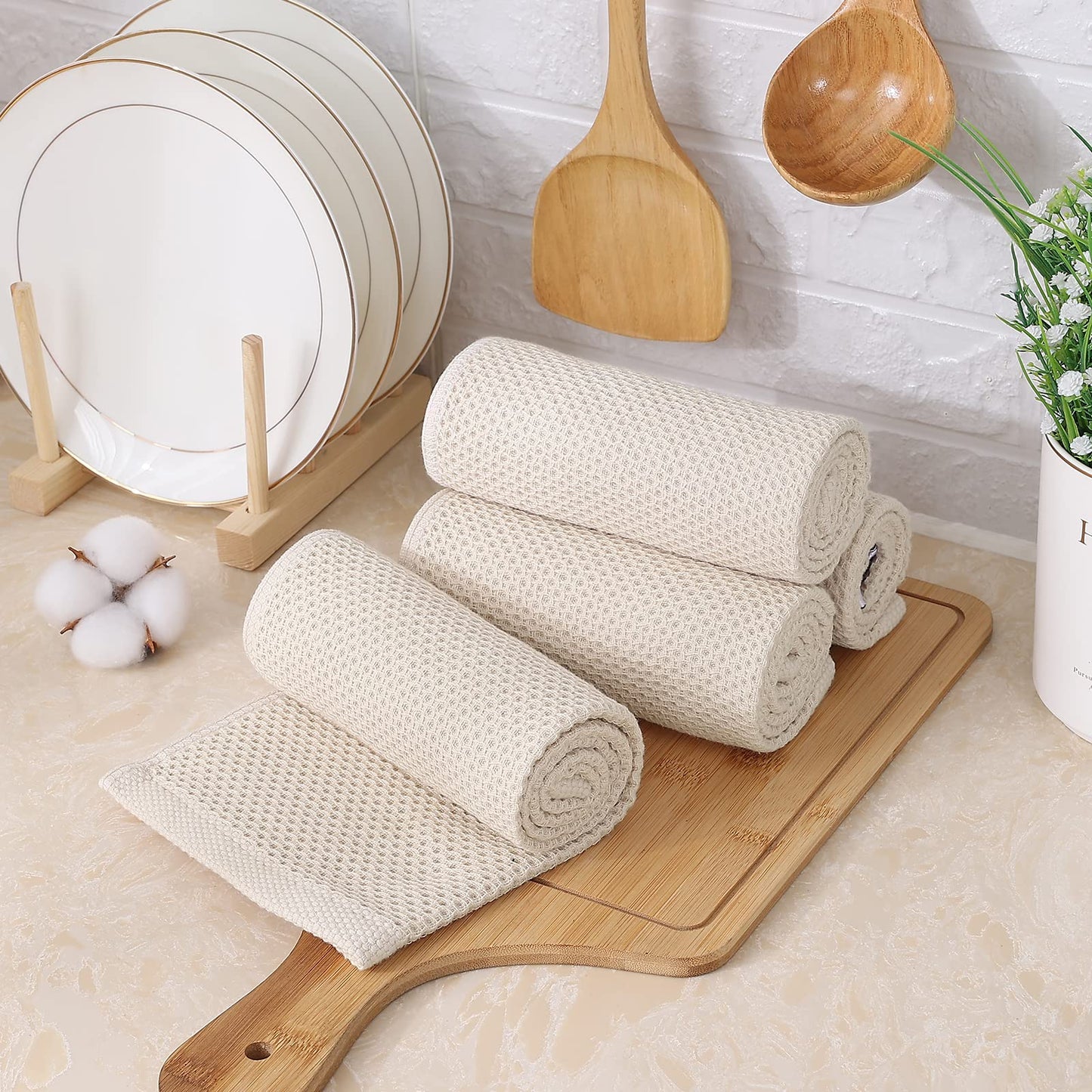 Kitinjoy 100% Cotton Waffle Weave Kitchen Towels, 4-Pack Super Soft and Absorbent Kitchen Dish Towels for Drying Dishes, Kitchen Hand Towels, 13 in x 28 in, Beige