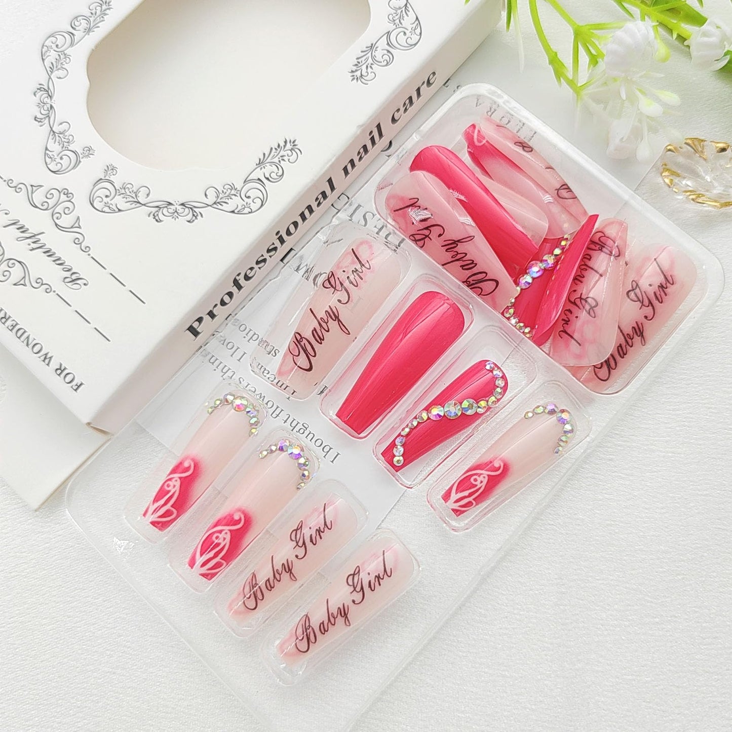 Press on Nails Long Coffin Fake Nails Valentines Acrylic Nails Black Letter Design False Nails Red and Nude Translucent Glue on Nails Rhinestones and Graffiti Stick on Nails for Women 24Pcs