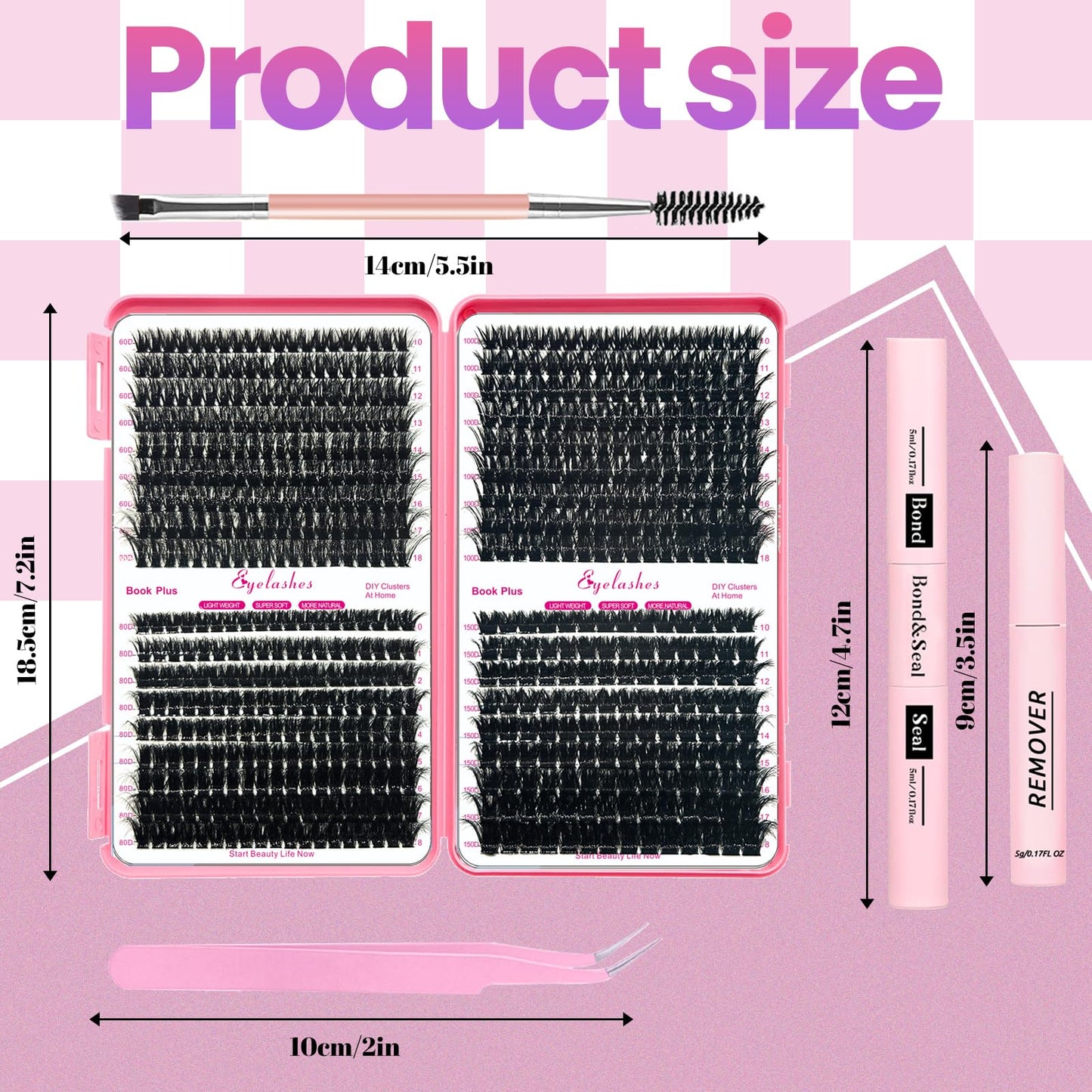 QiveaoryDIY Fluffy Lash Extension Kit 630pcs Lashes Clusters Thick D Curl Eyelash Extension Kit with Lash Bond and Seal,Eyelash Remover Tweezers Brush(10-18mm,60D+80D+100D+150D) DIY at Home