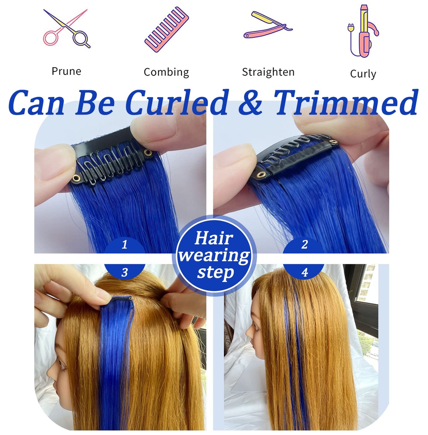 XIRRWWH 16 Pcs 21 Inch Colored Hair Extensions Clip in,Blue Wigs Heat Resistant Straight Party High Gloss Blue Hair Accessories Gifts for Women (Sapphire blue)