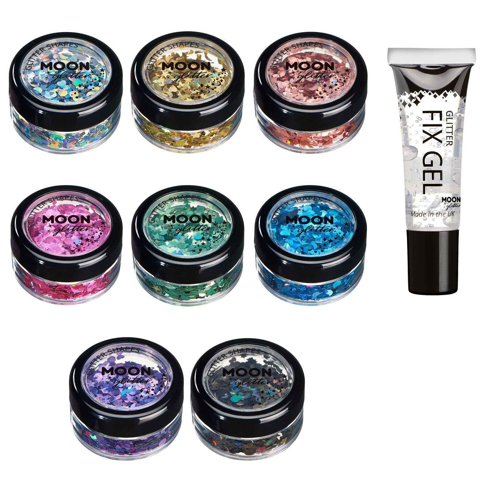 Holographic Glitter Shapes by Moon Glitter – 100% Cosmetic Glitter for Face, Body, Nails, Hair and Lips - 0.10oz - Set of 8 colours