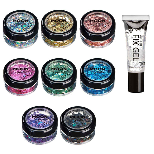 Holographic Glitter Shapes by Moon Glitter – 100% Cosmetic Glitter for Face, Body, Nails, Hair and Lips - 0.10oz - Set of 8 colours