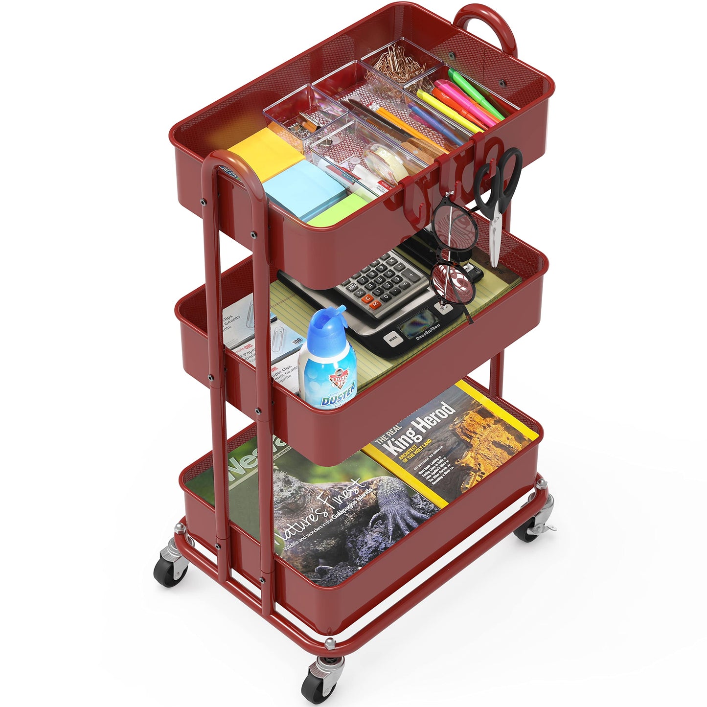 Simple Houseware Heavy Duty 3-Tier Metal Utility Rolling Cart, Red