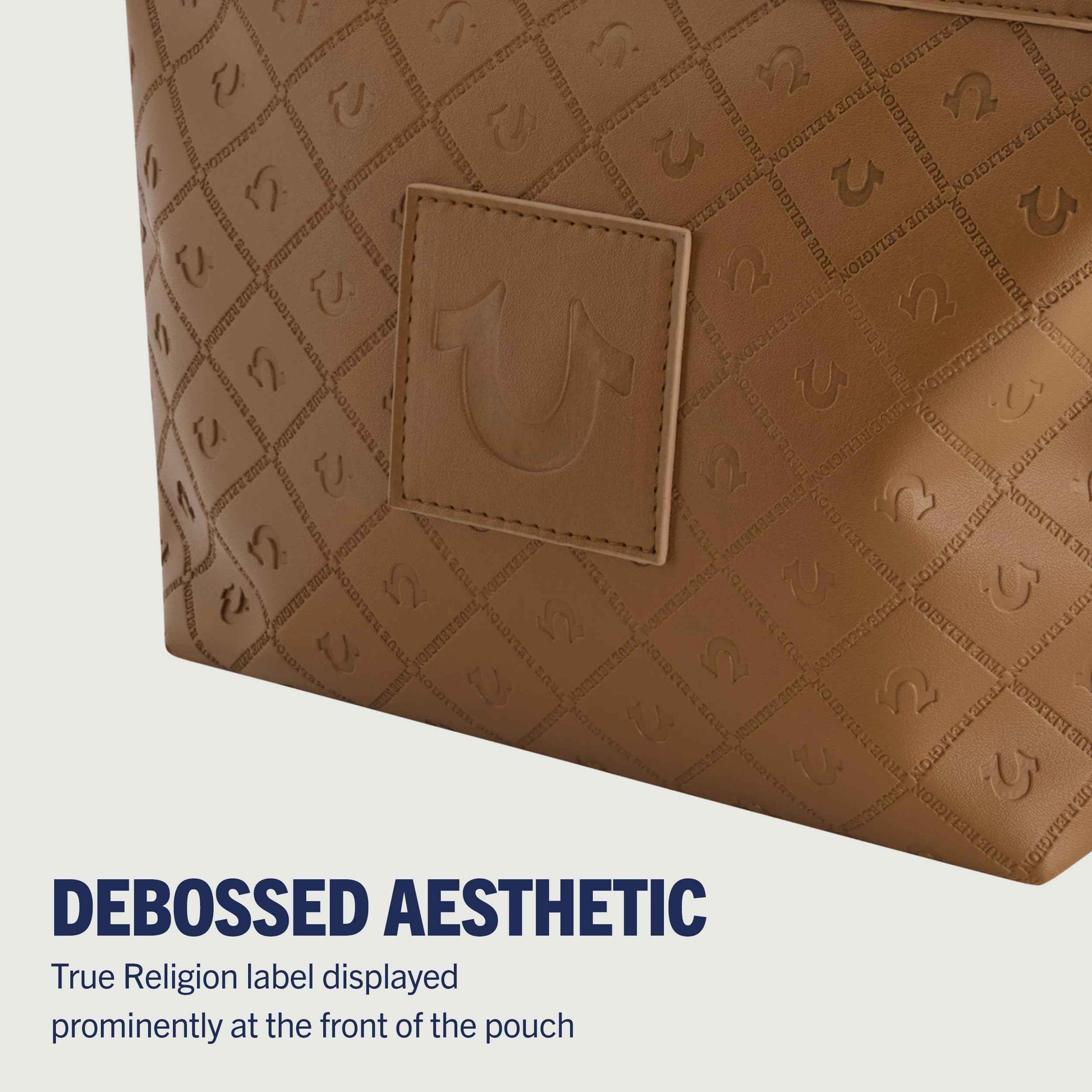 True Religion Women's Makeup Bag, Small Travel Cosmetic Zipper Pouch Organizer, Gold Hardware, Brown