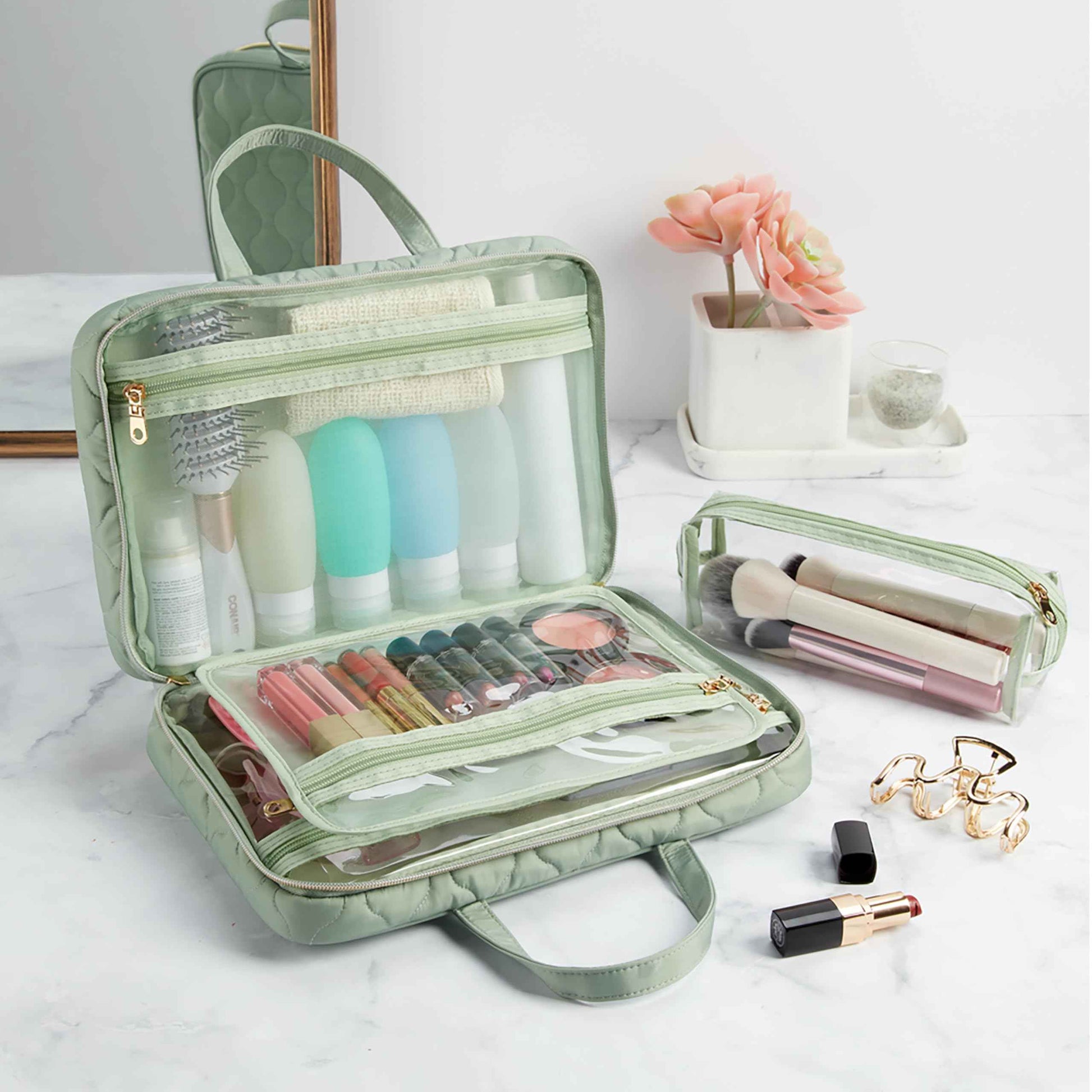 Conair Travel Toiletry Bag with Handles, Travel Makeup Bag, 2 Clear Zippered Compartments, 2 Flat-Zip Pockets and Removable Clear Plastic Pencil Case, Easy to Clean, 1 Count, Sage Green