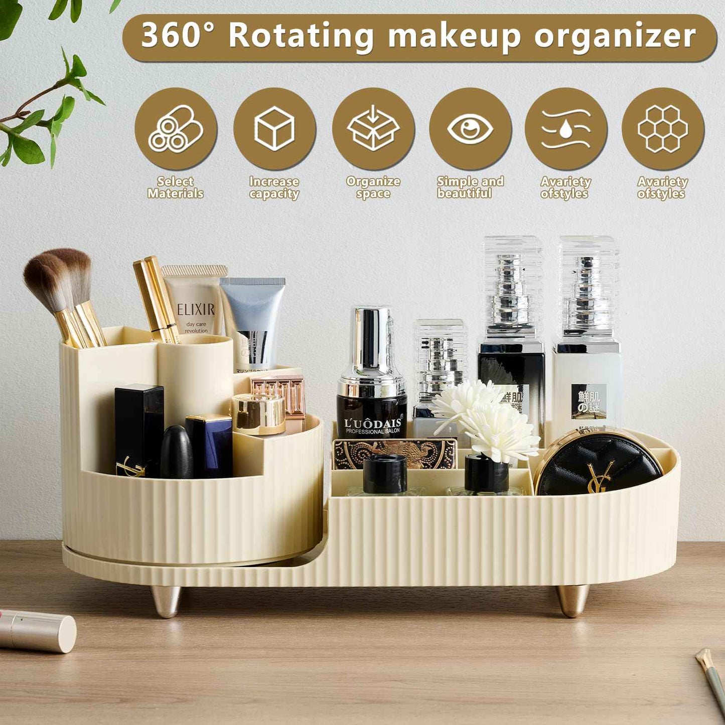RUIQING New 360 Rotating Makeup Organizer - Large-Capacity Vanity Organizer, Stores Makeup Brushes and More, Keeps Countertop Clean and Tidy