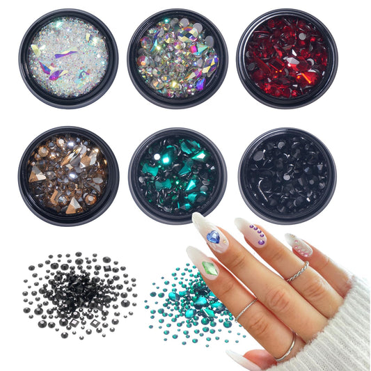 6 Boxes AB Red Green Gold Black Rhinestones for Nails Multi Shaped Sized Colorful Nail Gems Glass Stones Nail Crystal Diamonds for Nail Art DIY Craft Jewel