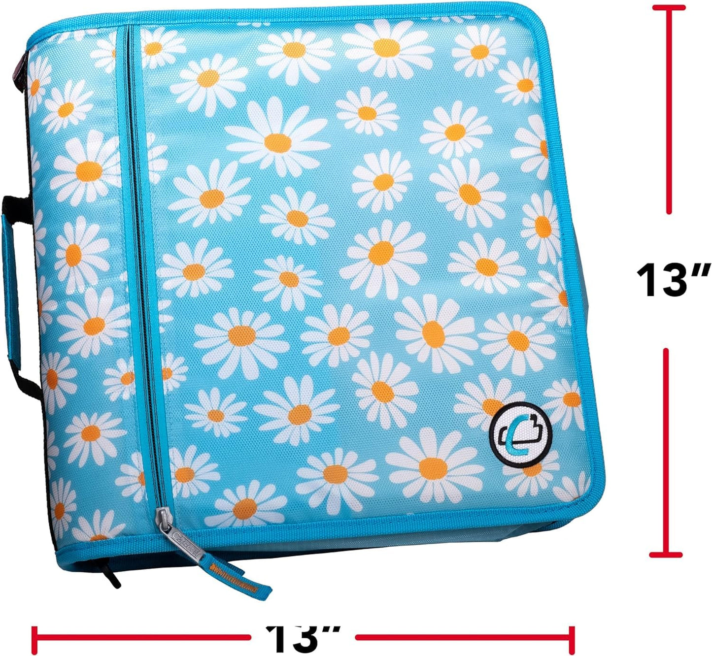 Case-it The Mighty Zip Tab Zipper Binder - 3 Inch O-Rings - 5 Color Tab Expanding File Folder - Multiple Pockets - 600 Sheet Capacity - Comes with Shoulder Strap - Light Blue Daisy D-146-P