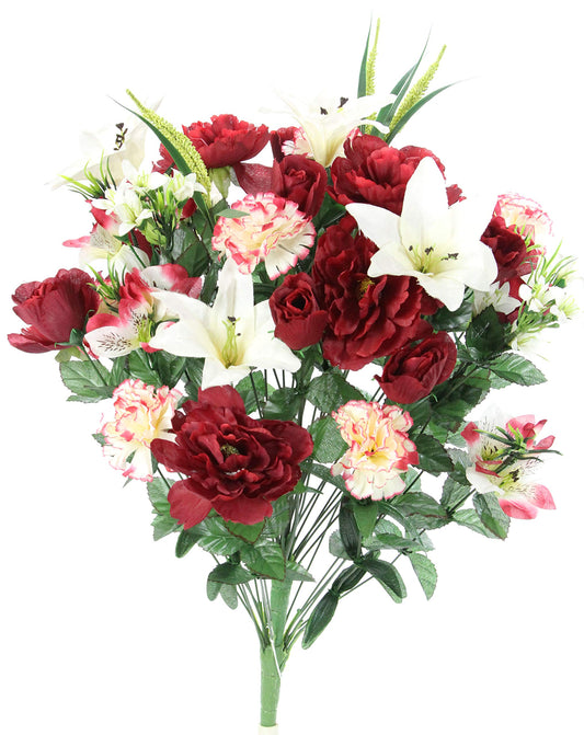 Admired By Nature 40 Stem Artificial Flowers Roses Lily Peony Mixed Bush Spring Faux Flower Arrangement for Outdoor & Indoor Wedding Home Decor, Cemetery Decorations for Grave, Burgundy Cream