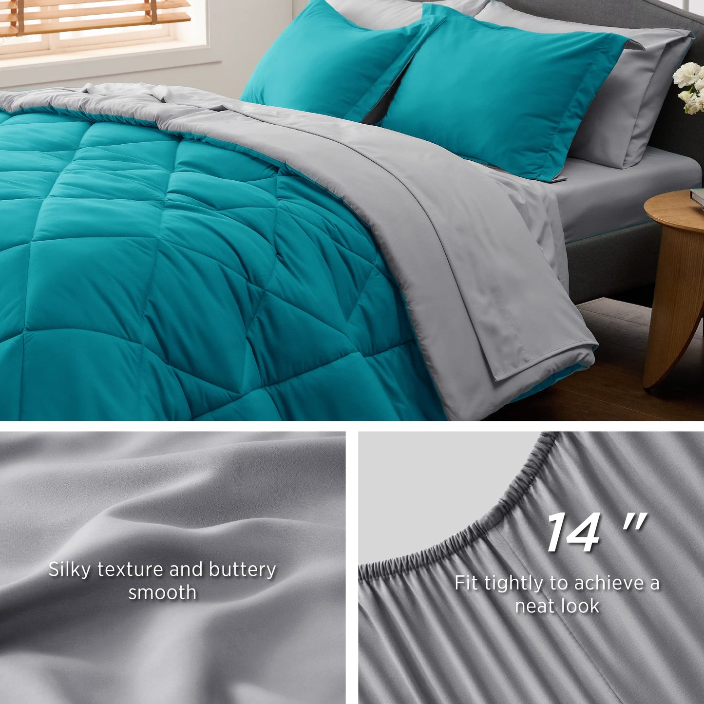 Bedsure Teal Twin Comforter Set - 5 Pieces Reversible Twin Bed in a Bag, Extra Long Twin Bed Set with Comforters, Sheets, Pillowcase & Sham, Twin Bedding Sets for College